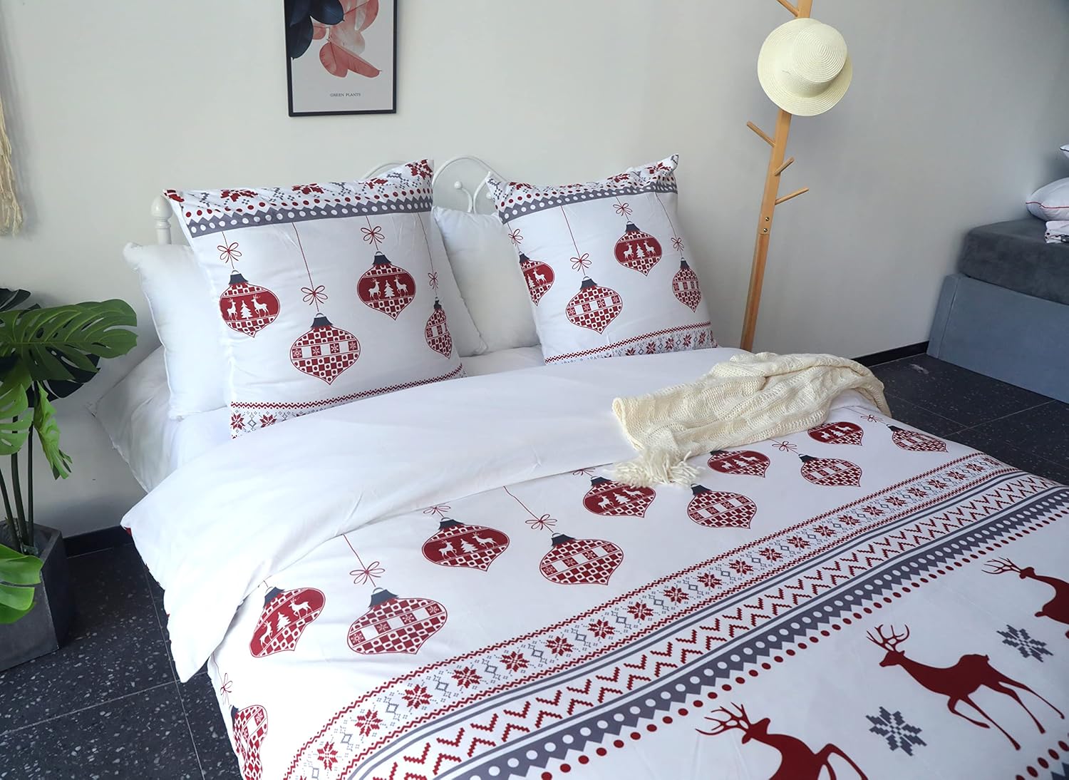 AYSW New Year Duvet Cover 220x240cm+2 Pillowcases 65x65cm Cream White Red Adult Bedding Set 2 Person 100 Thread Count/cm² in Microfiber with Zipper 3