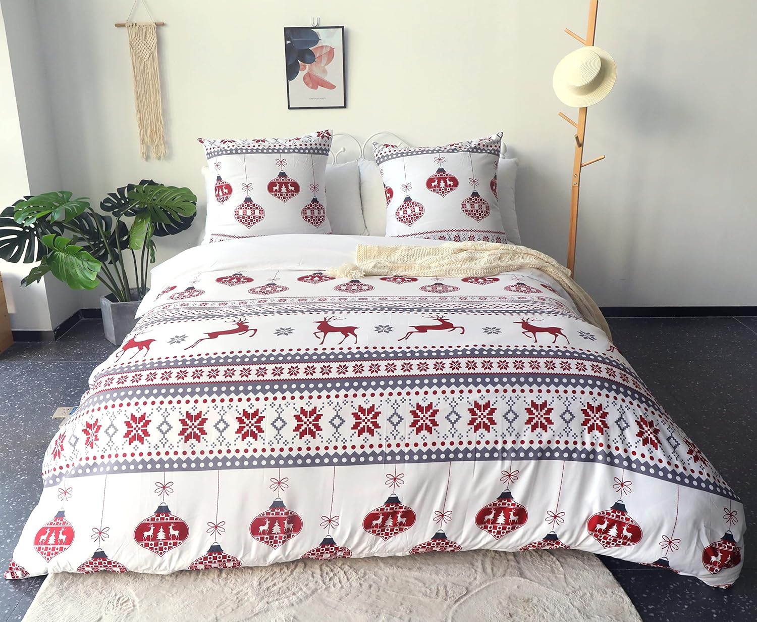 AYSW New Year Duvet Cover 220x240cm+2 Pillowcases 65x65cm Cream White Red Adult Bedding Set 2 Person 100 Thread Count/cm² in Microfiber with Zipper 2
