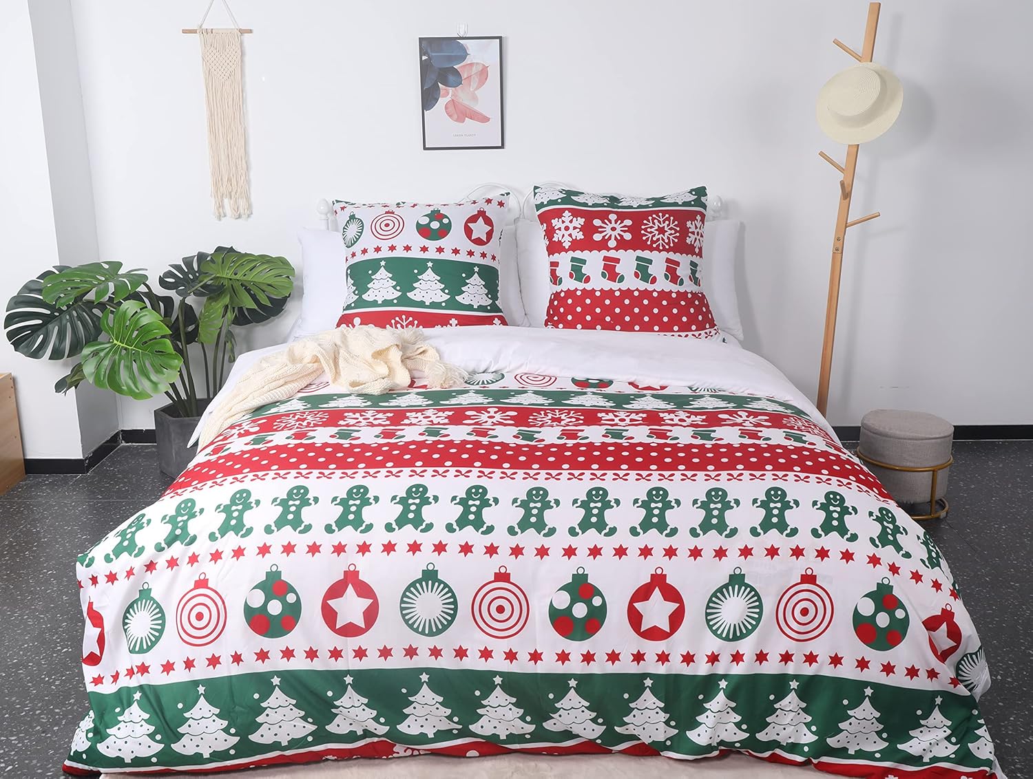 AYSW Christmas Duvet Cover 220x240cm+2 Pillowcases 65x65cm Green White Red Christmas Tree Bedding Set Adult 2 Person 100 Thread/cm² in Microfiber with Zipper 2
