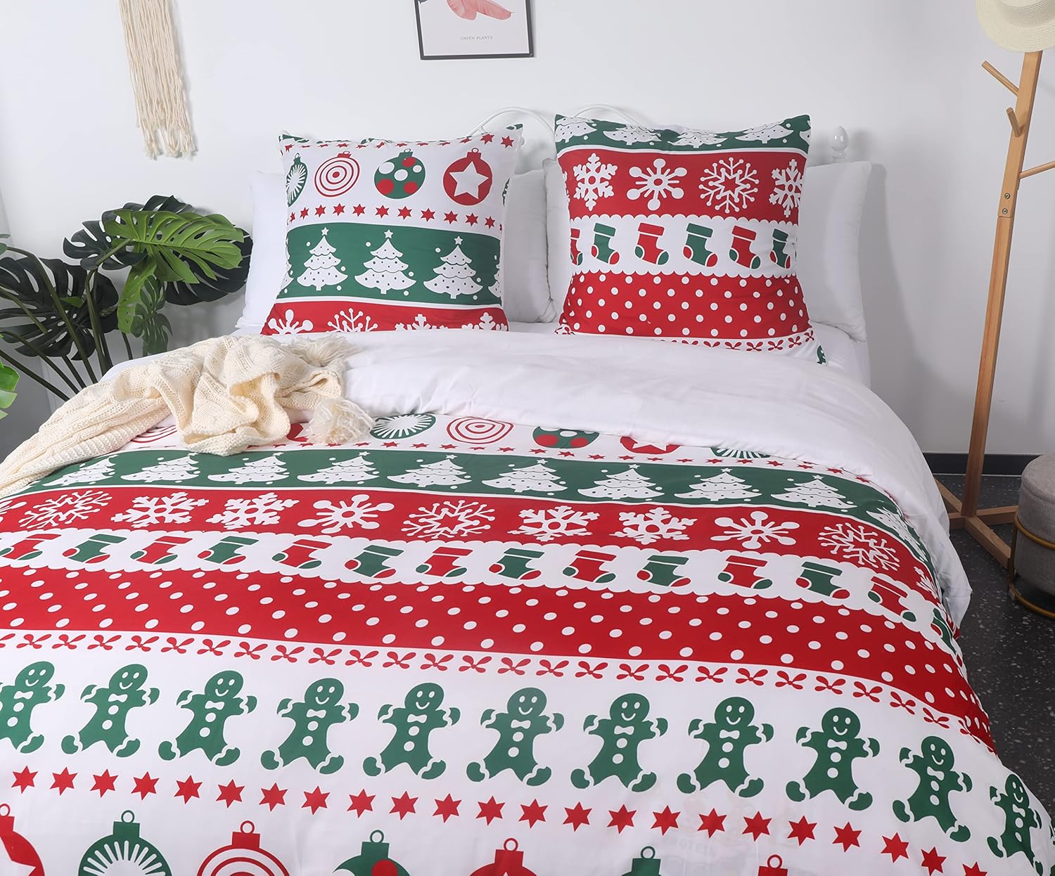 AYSW Christmas Duvet Cover 220x240cm+2 Pillowcases 65x65cm Green White Red Christmas Tree Bedding Set Adult 2 Person 100 Thread/cm² in Microfiber with Zipper 3