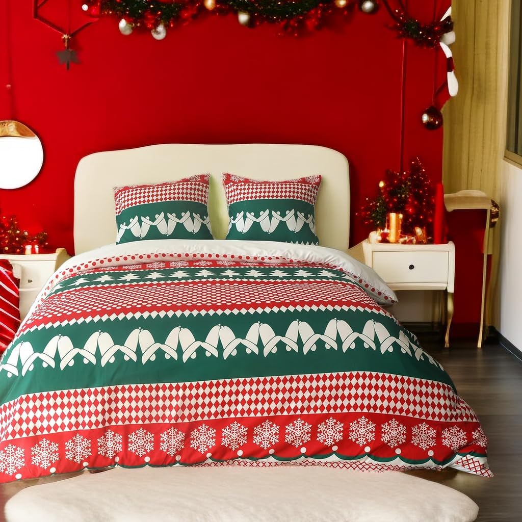 AYSW Reversible Duvet Cover 220x240 / 65x65x2 cm Christmas Tree New Year Red Green Two-Tone Bedding Set 2 Person Zipper Duvet Cover Sets 2