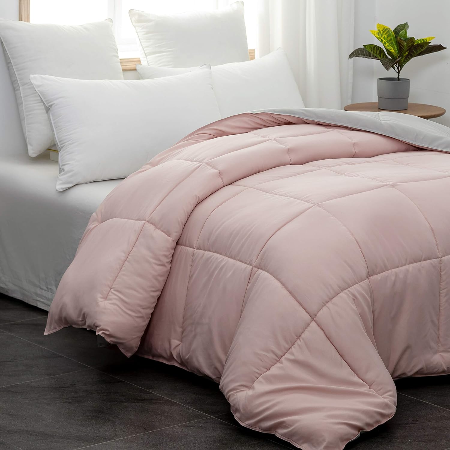 Bettdecke 220x240 cm - Quilted Steppbettdecke antiallergisch für Allergiker 100% Microfaser Ganjahresdecke Bettdecke Double Face Rosa/Rauch 3