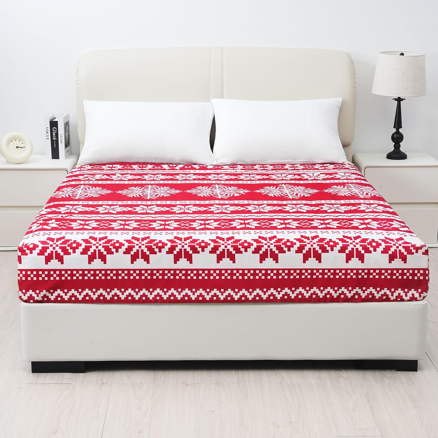AYSW Fitted Sheet Only Queen Size Deep Pocket Printed Fitted Sheet Premium Soft and Cozy Wrinkle, Fade Resistant Christmas Snowflake Red Easy Care Holiday Decor 3