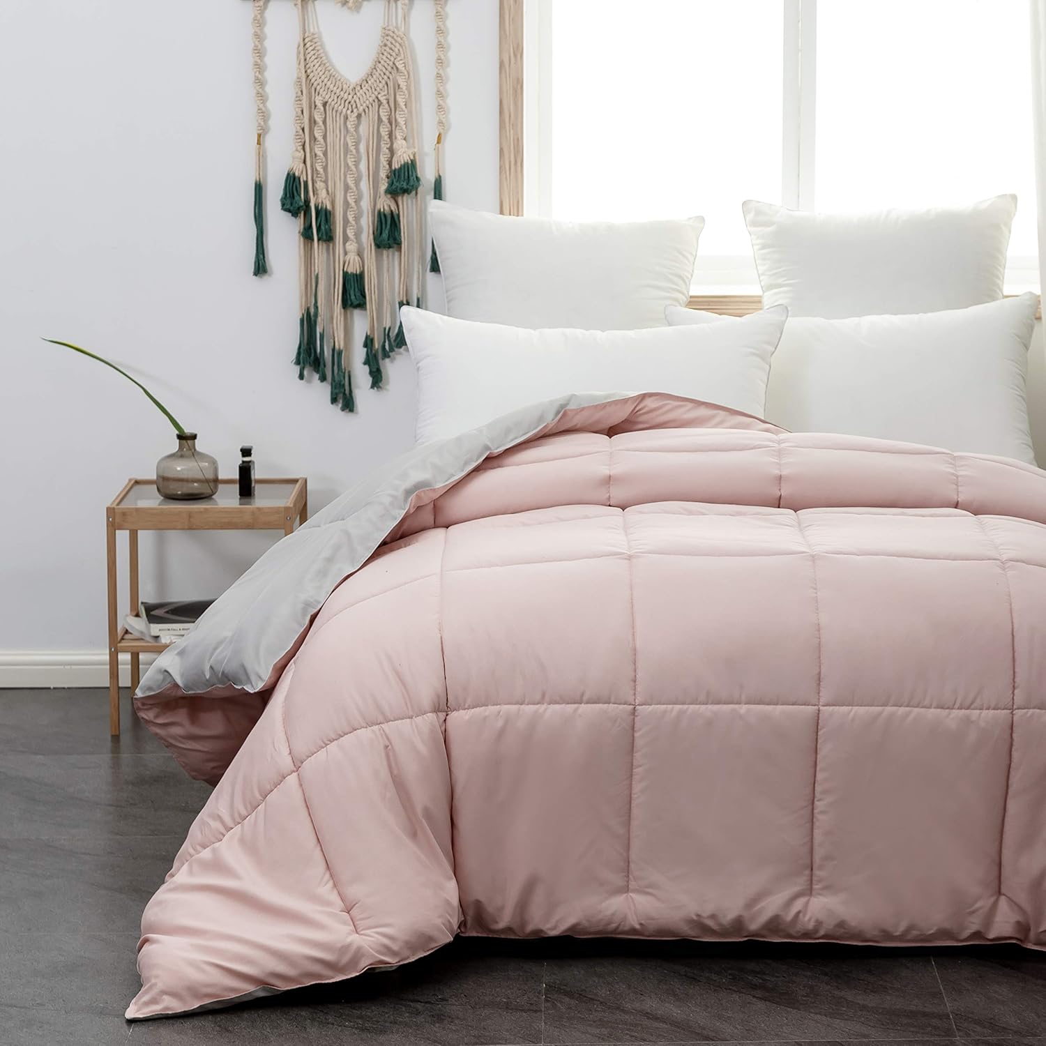 Bettdecke 220x240 cm - Quilted Steppbettdecke antiallergisch für Allergiker 100% Microfaser Ganjahresdecke Bettdecke Double Face Rosa/Rauch 2