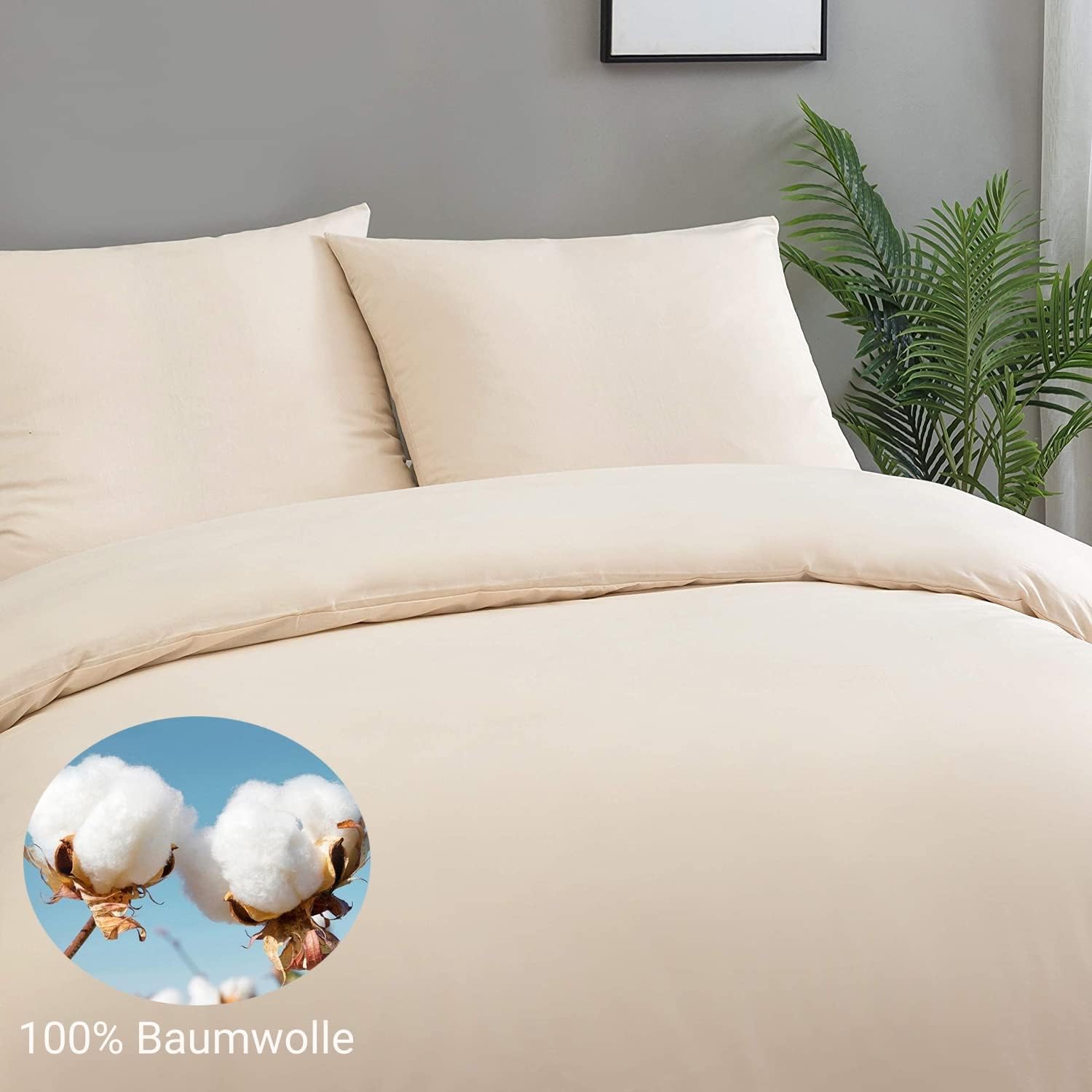 100% Baumwolle Bedding with Zippers 200x200 cm 3-piece Set 1 duvet cover with 2 pillowcases 80x80 cm Beige 3
