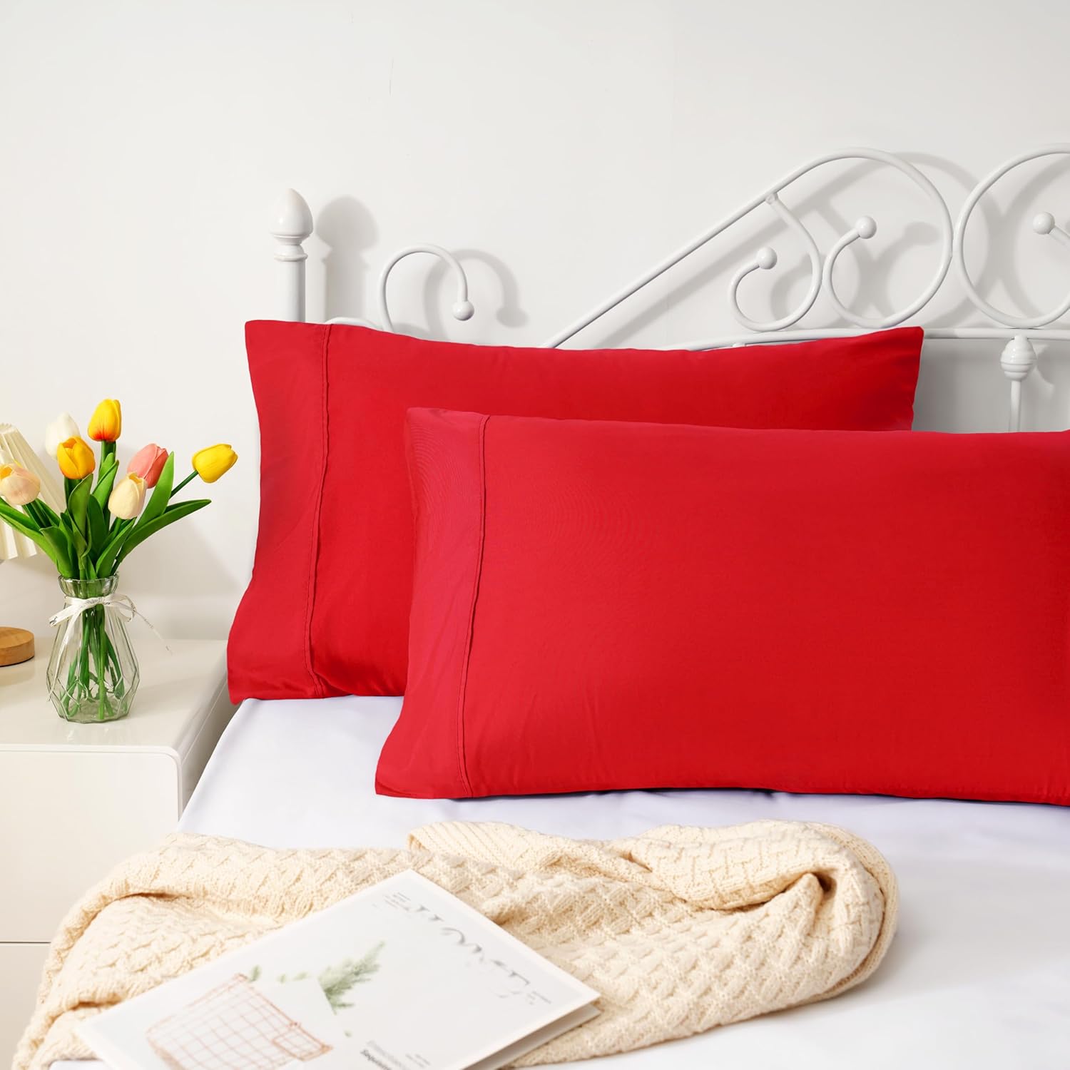 AYSW Pillowcases Standard Size Set of 2 Pieces Envelope Closure 1800 Double Brushed Microfiber Soft and Cozy Pillow Cases Set Wrinkle, Fade Resistant Red 20x26 inches Stable Breathable 3