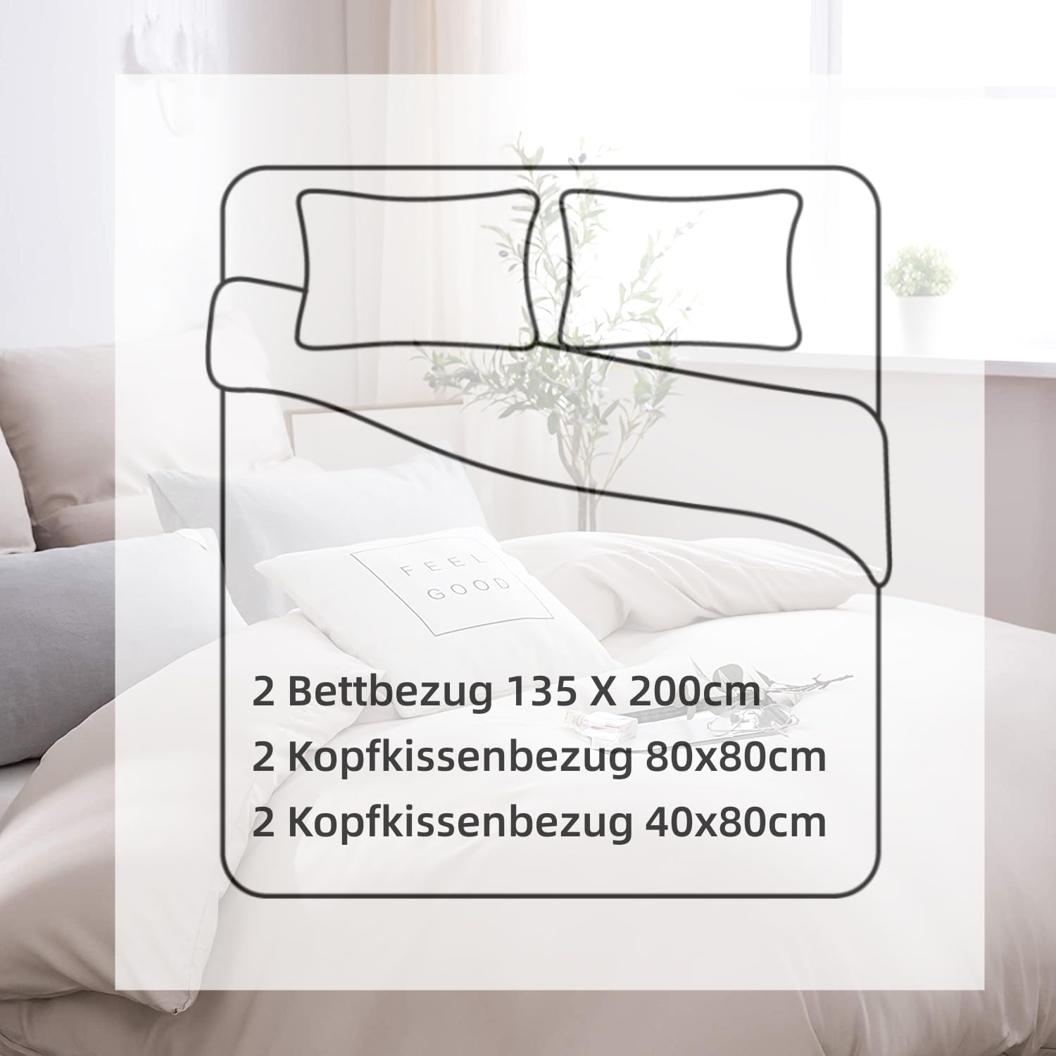 Bettwäsche gebürstet Microfaser 2 Bettbezug 135 X 200cm + 2 Kopfkissenbezug 80x80cm+2 Kopfkissenbezug 40x80cm mit Reißverschluss Grau 3