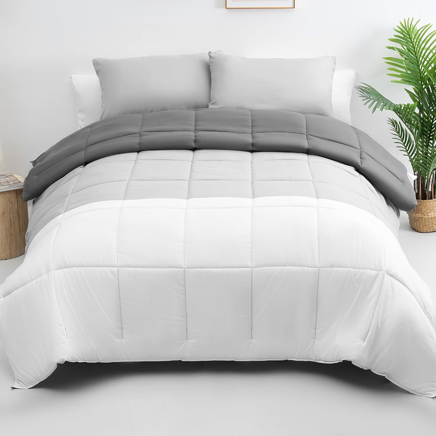 AYSW Tricolore Duvet Warm for winter 450g/m² Thick 220x240cm Hypoallergenic Dark Grey + Light Grey + White Reversible Bed Duvet 2 Person Comforter 2