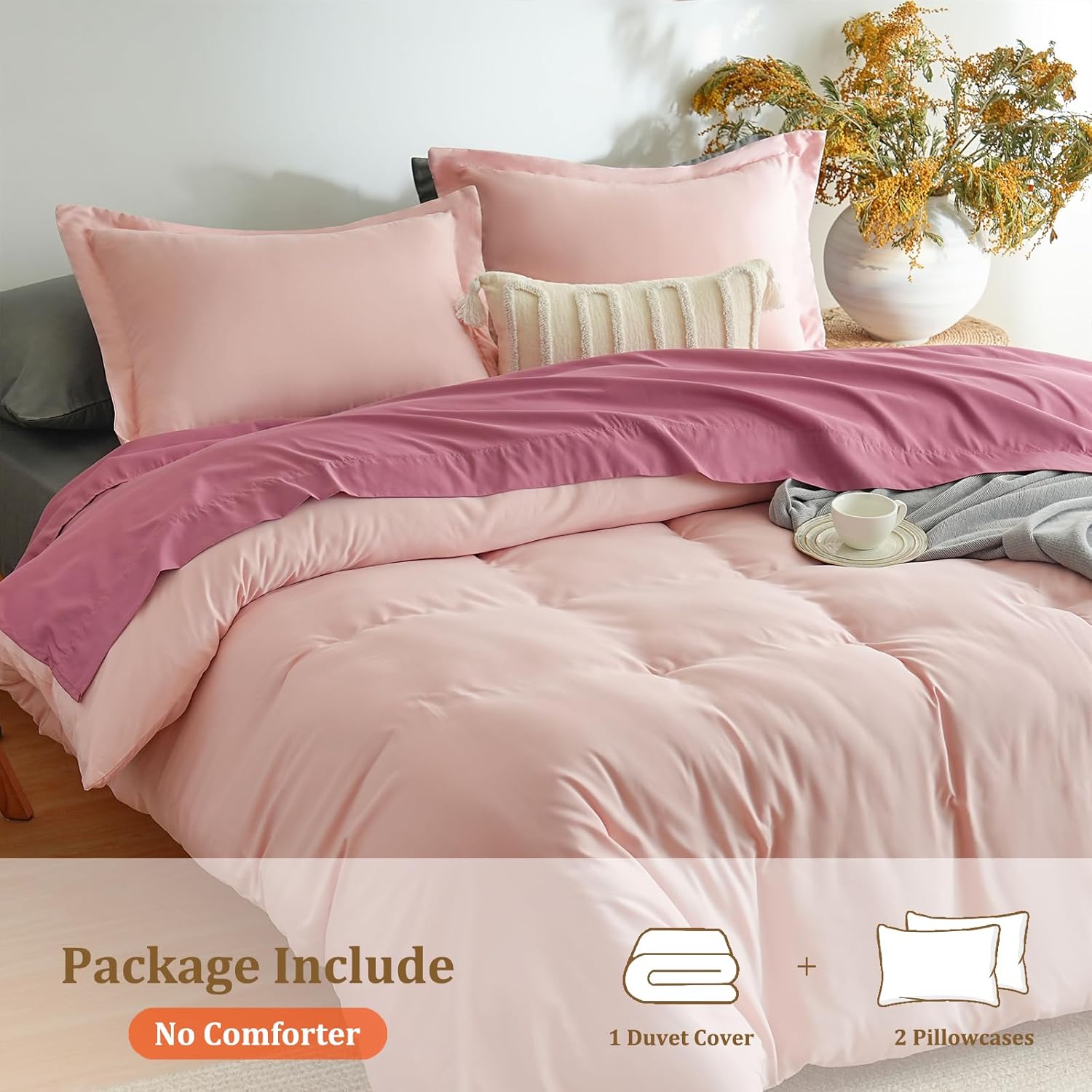 1 Duvet Cover with 2 Pillow Shams Queen Size for All Seasons - 3 Piece Home Bedding Comforter Cover with Zipper Closure - Ultra Soft Double Brushed Microfiber, 90 X 90 Inches - Pink 2