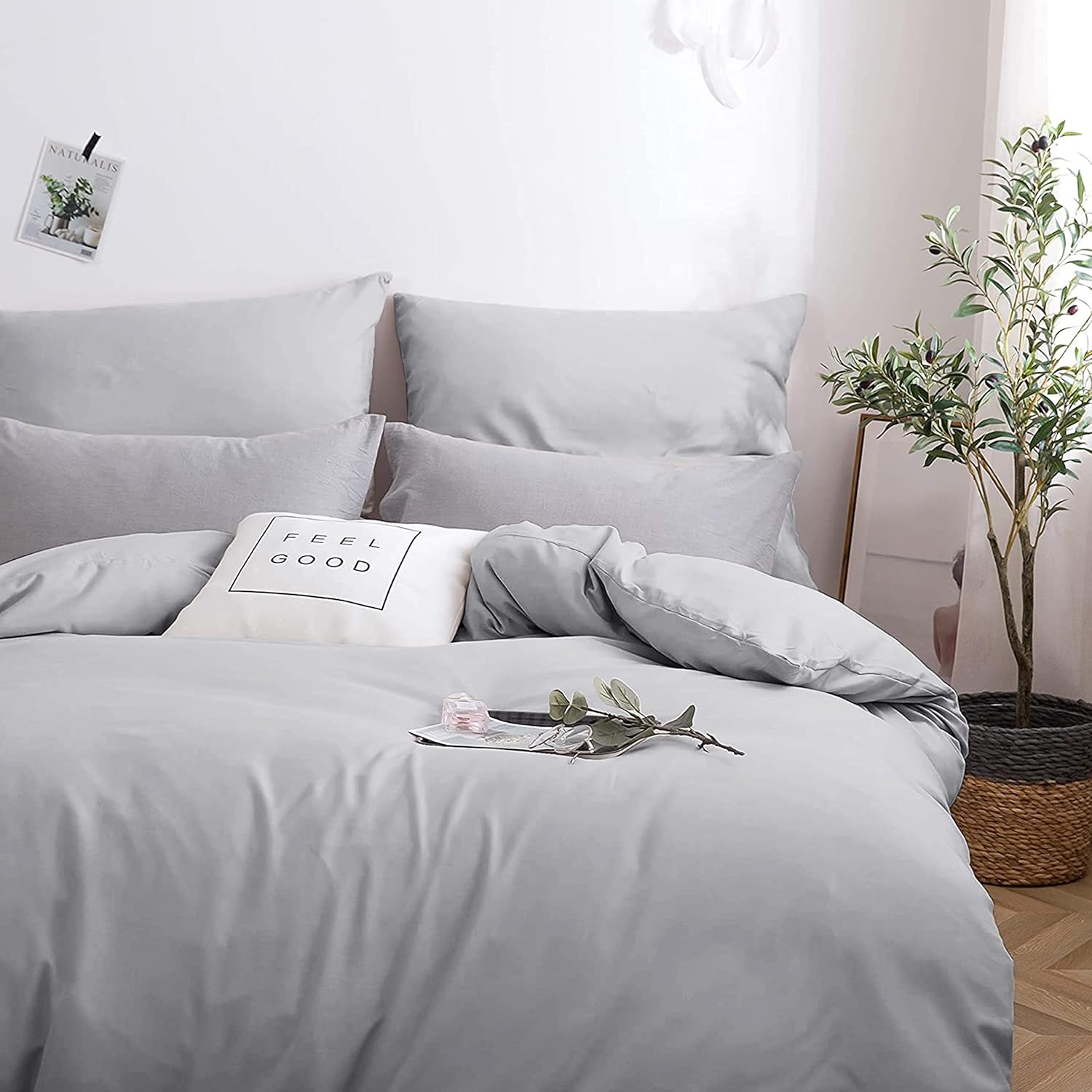 AYSW Housse de Couette 220x240cm+2 Taies d'oreillers 65x65cm Gris Clair Parure de Lit Adulte 2 Personnes 100 Fils/cm² en Microfibre avec Fermeture Éclair 2