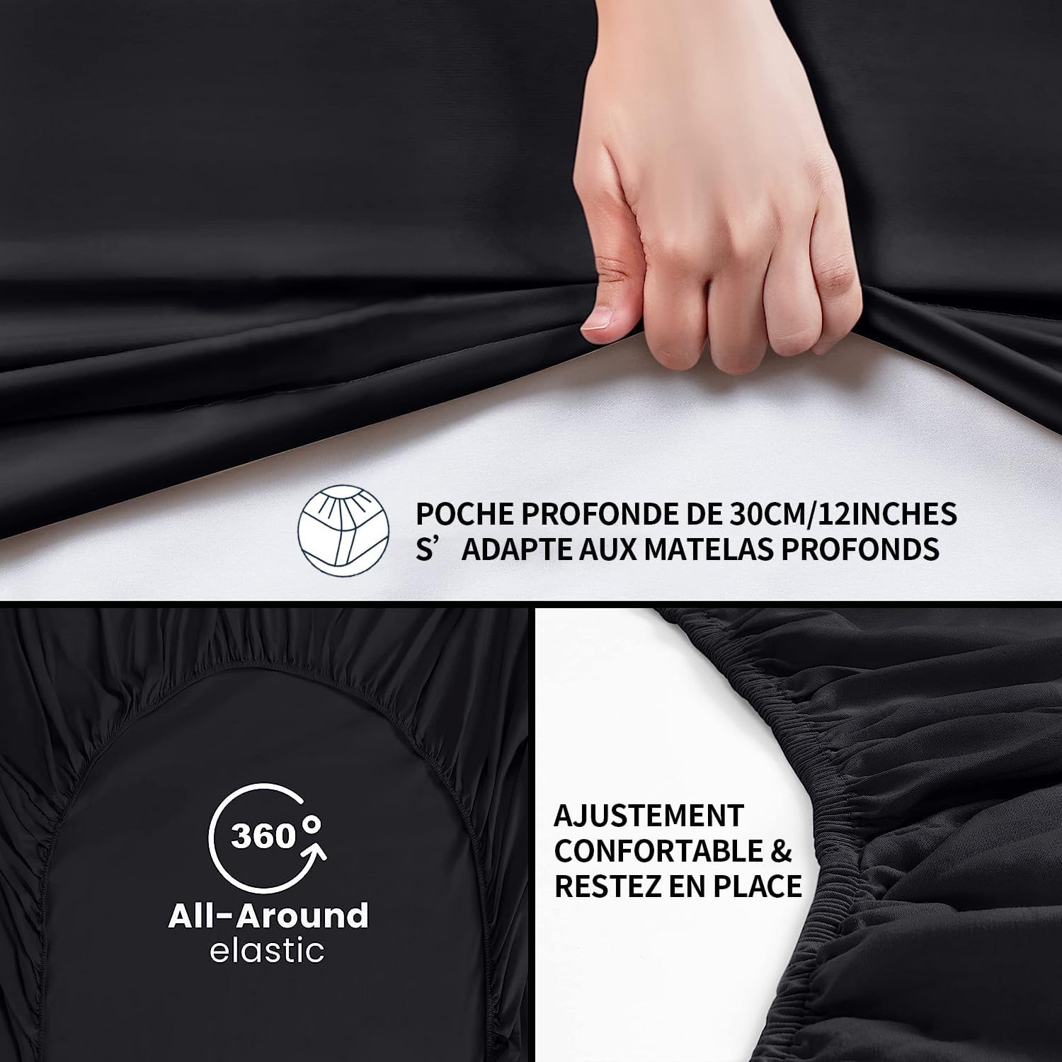 4 Piece Duvet Cover Set 200x200cm Double Zipper Black Fitted Sheet 140x190/200cm + 2 Pillowcases 65x65cm Adult Bedding Set for 2 Persons in Brushed Microfiber 4