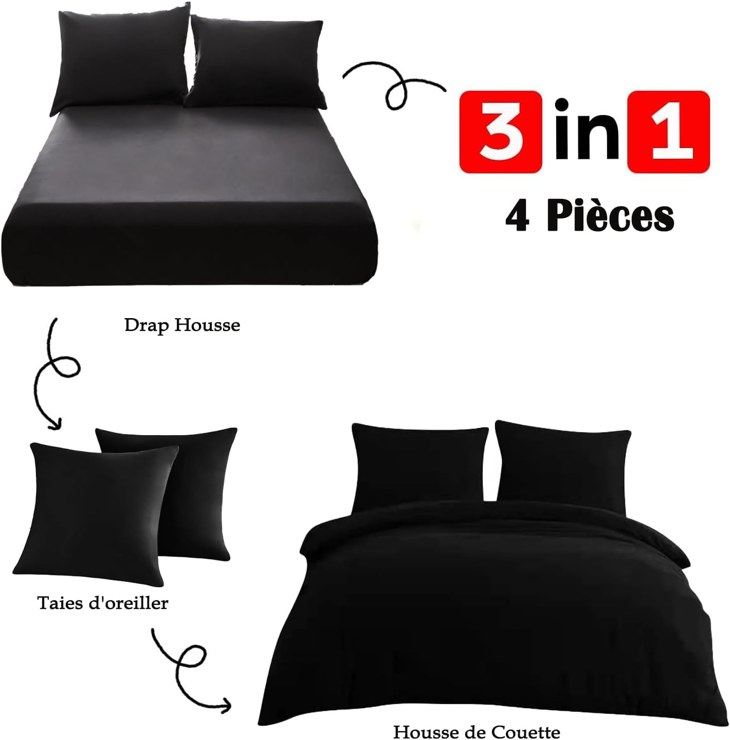 4 Piece Duvet Cover Set 200x200cm Double Zipper Black Fitted Sheet 140x190/200cm + 2 Pillowcases 65x65cm Adult Bedding Set for 2 Persons in Brushed Microfiber 6