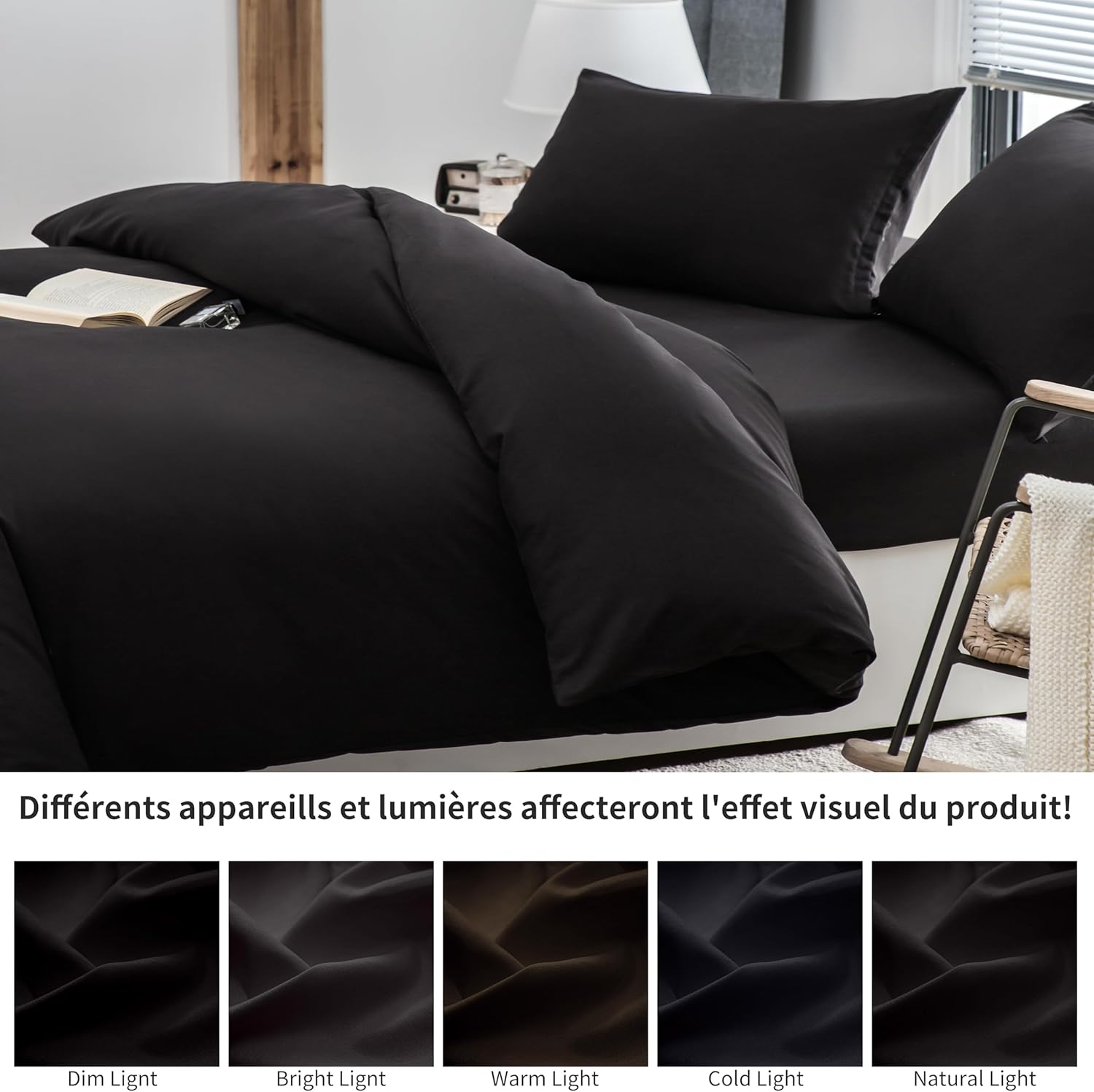 4 Piece Duvet Cover Set 200x200cm Double Zipper Black Fitted Sheet 140x190/200cm + 2 Pillowcases 65x65cm Adult Bedding Set for 2 Persons in Brushed Microfiber 8