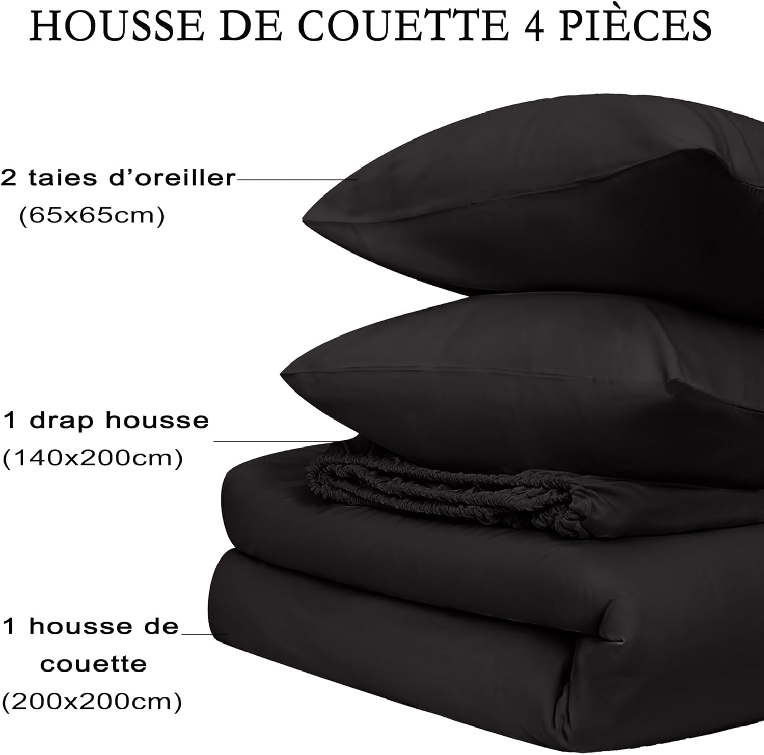 4 Piece Duvet Cover Set 200x200cm Double Zipper Black Fitted Sheet 140x190/200cm + 2 Pillowcases 65x65cm Adult Bedding Set for 2 Persons in Brushed Microfiber 9