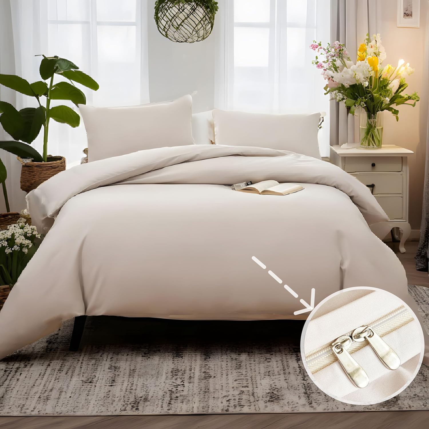 Bettwäsche 4 TLG gebürstet Microfaser 2 Bettbezug 135x200cm + 2 Kopfkissenbezug 80x80cm mit Reißverschluss Beige 2