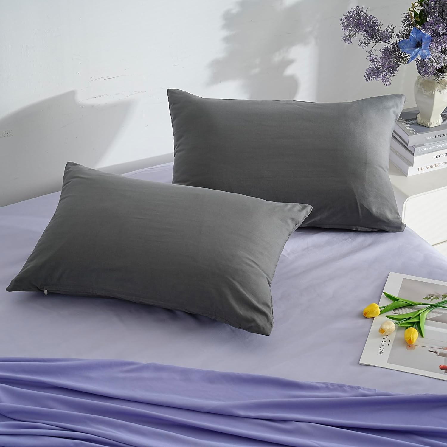 18 Colors Set of 2 Pillowcase 60x80 cm Grey Pillow Cover Cushion for Sofa Bed Zipper Anti-Dust Mite Hypoallergenic Pillow Protector Zip Microfiber 3