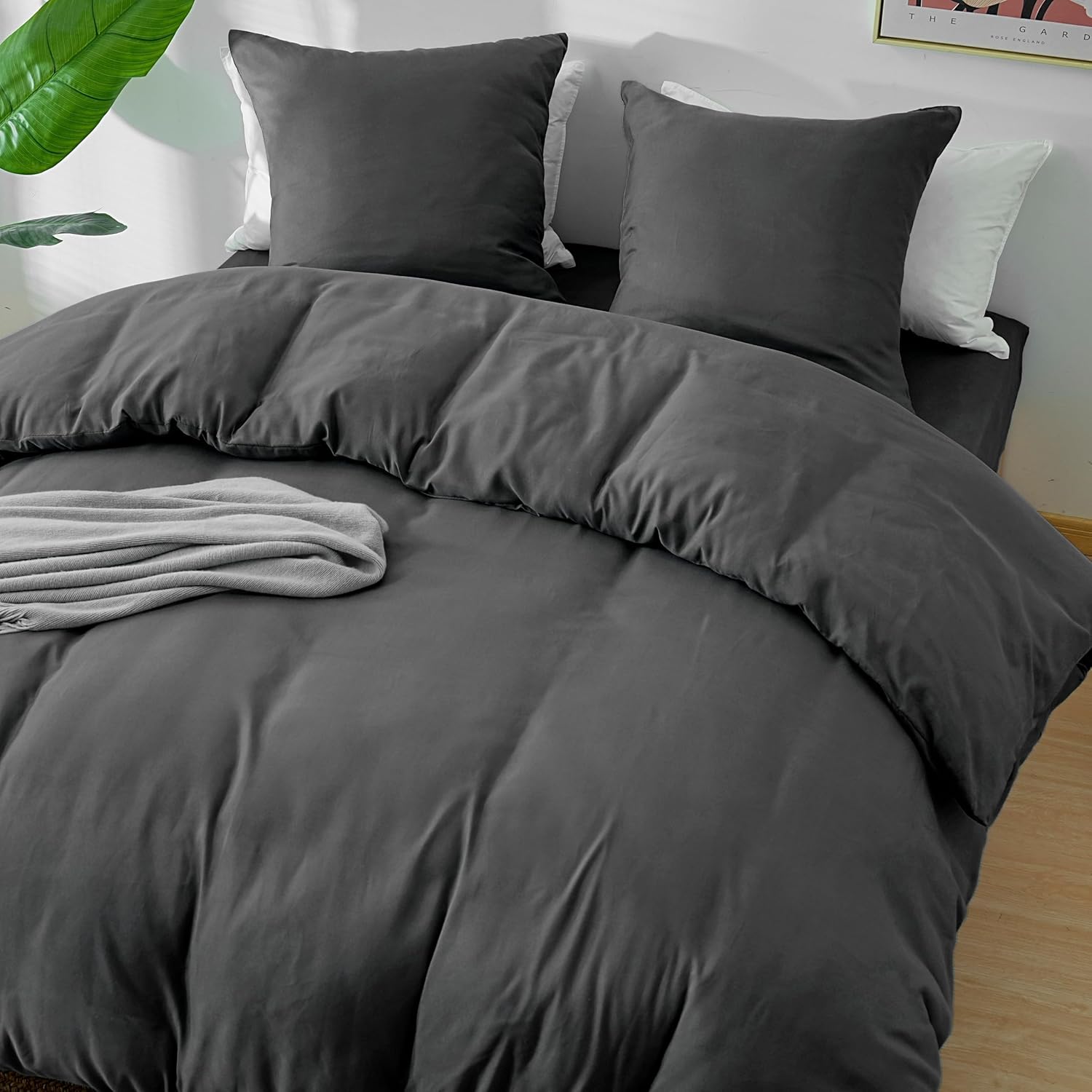 AYSW 4-Piece Bedding Set Duvet Cover 200x200cm + Fitted Sheet 160x200cm 30cm Pocket + 2 Pillowcases 65x65cm 2 Person Duvet Cover Set Light Grey 80 Threads/cm² Microfiber 4