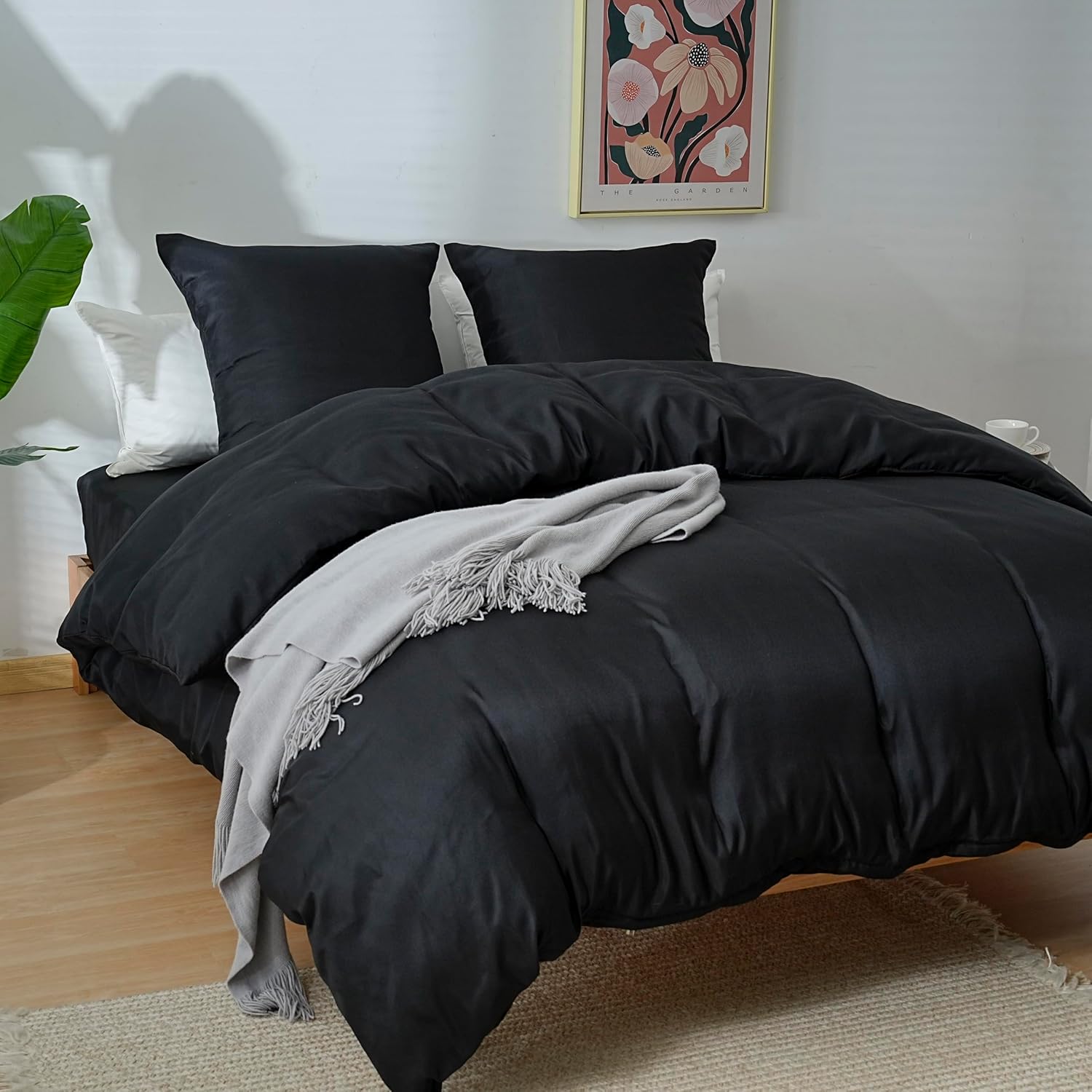 AYSW 4-Piece Bedding Set Duvet Cover 200x200cm + Fitted Sheet 140x190cm 30cm Pocket + 2 Pillowcases 65x65cm 2 Person Duvet Cover Set Light Black 80 Threads/cm² Microfiber 2
