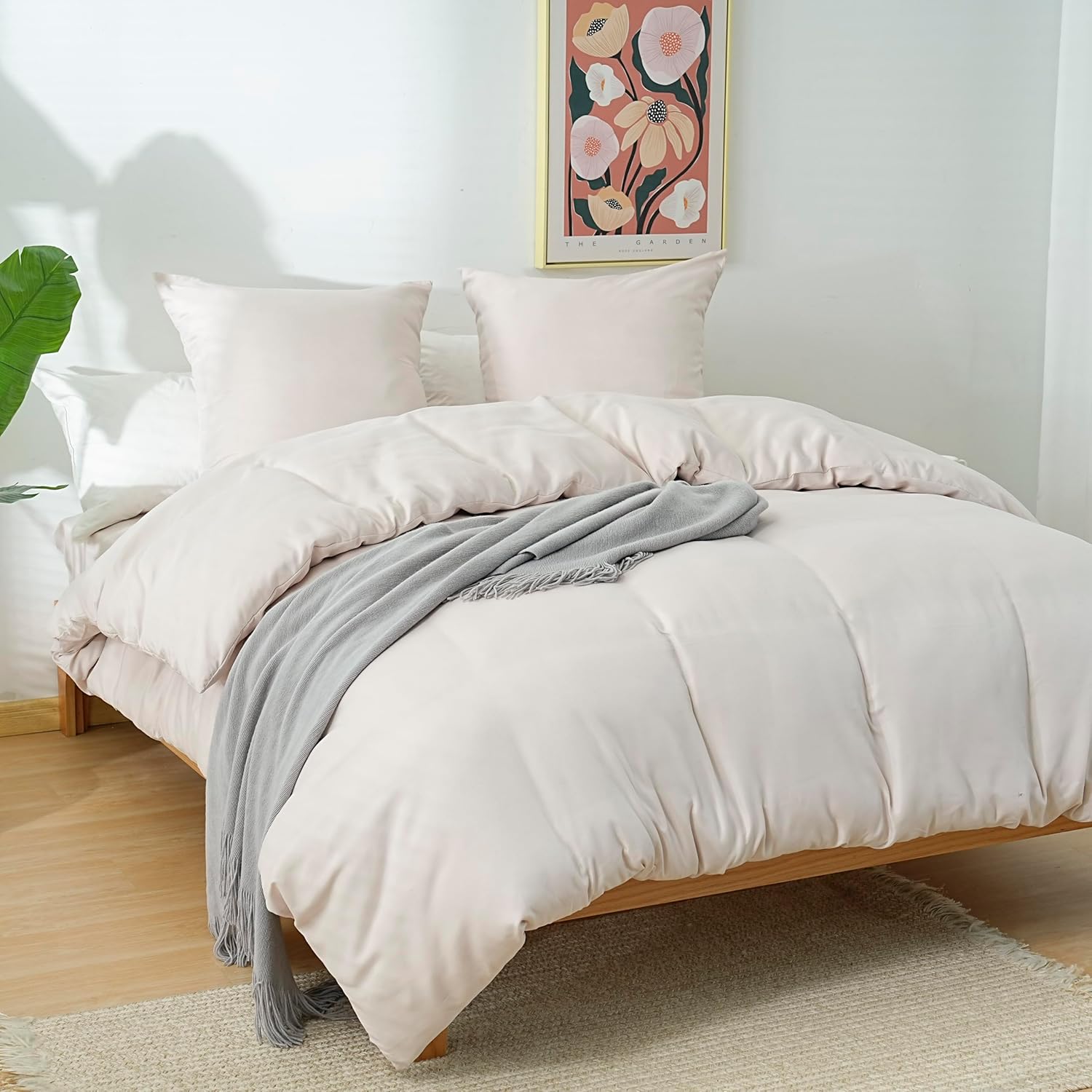 AYSW 4-Piece Bedding Set Duvet Cover 240x260cm + Fitted Sheet 160x200cm 30cm Pocket + 2 Pillowcases 65x65cm 2 Person Duvet Cover Set Light Beige 80 Threads/cm² Microfiber 2