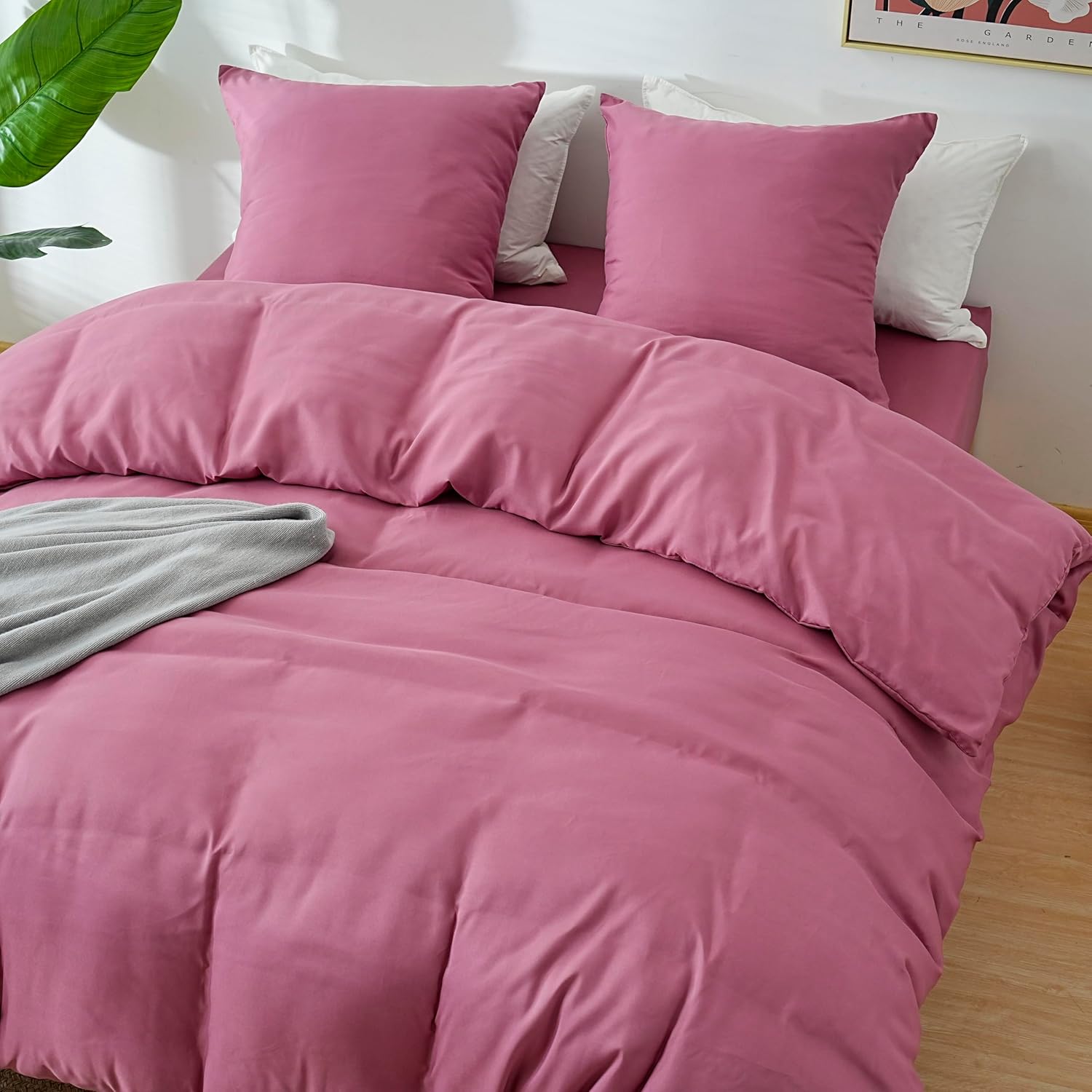 AYSW 4-teiliges Bettwäsche-Set Bettbezug 220x240cm + Spannbetttuch 140x190cm 30cm Höhe + 2 Kissenbezüge 65x65cm 2 Personen Bettwäsche-Set Altrosa Leicht 80 Fäden/cm² Mikrofaser 4