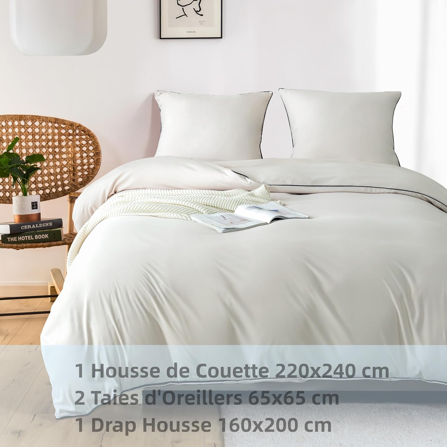 AYSW 4-Piece Bedding Set Duvet Cover 220x240cm + Fitted Sheet 160x200cm with 2 pillowcases 65x65cm Beige for 2 Persons Set 120 Threads/cm² in Microfiber 9
