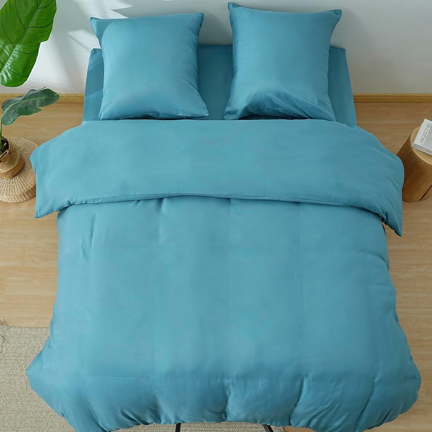 AYSW Parure de Lit 4 Pièces Housse de Couette 200x200cm + Drap Housse 160x200cm Bonnet 30cm + 2 Taies d'oreiller 65x65cm 2 Personnes Ensemble Housse de Couette Bleu Lac Léger 80 Fils/cm² Microfibre 8