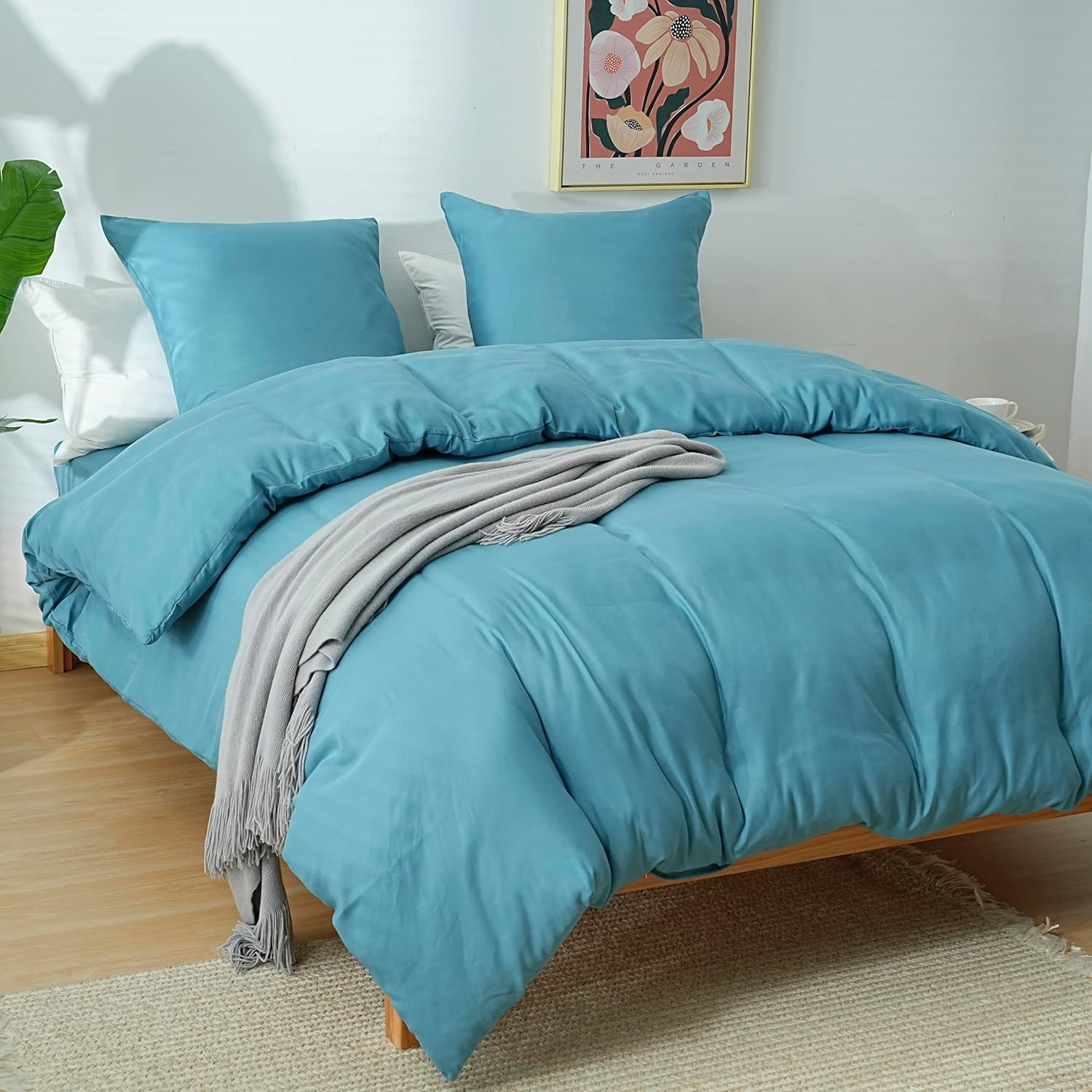 AYSW Parure de Lit 4 Pièces Housse de Couette 200x200cm + Drap Housse 160x200cm Bonnet 30cm + 2 Taies d'oreiller 65x65cm 2 Personnes Ensemble Housse de Couette Bleu Lac Léger 80 Fils/cm² Microfibre 2