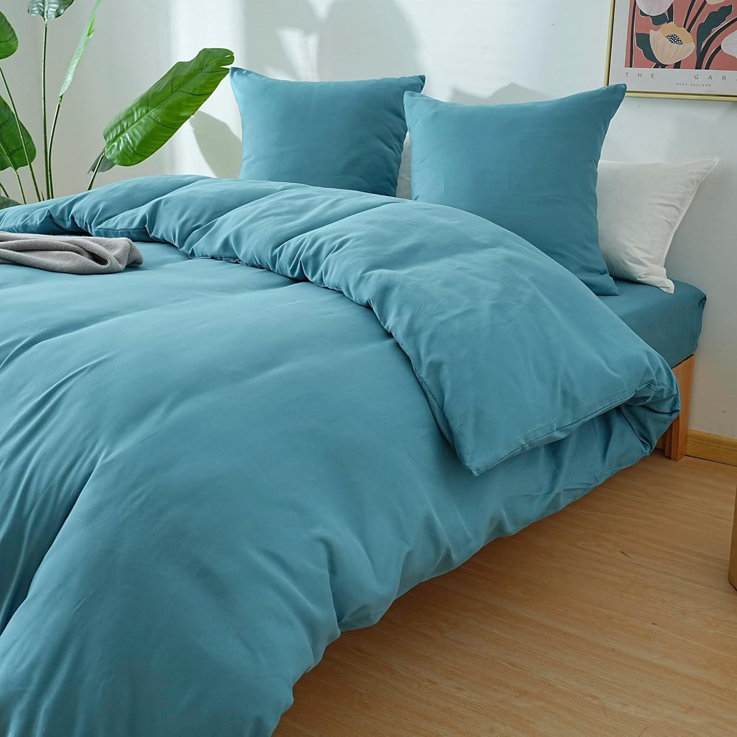 AYSW Parure de Lit 4 Pièces Housse de Couette 200x200cm + Drap Housse 160x200cm Bonnet 30cm + 2 Taies d'oreiller 65x65cm 2 Personnes Ensemble Housse de Couette Bleu Lac Léger 80 Fils/cm² Microfibre 3