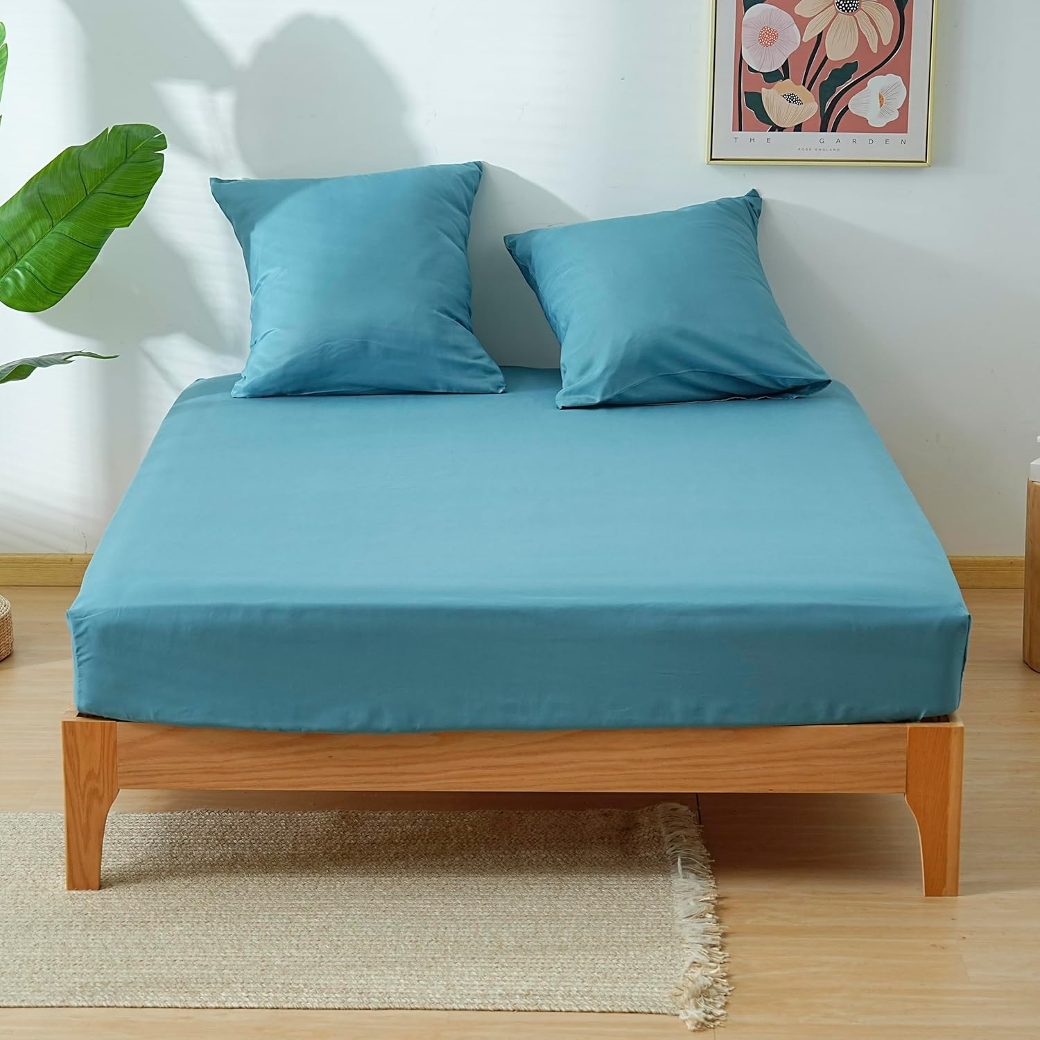 AYSW Parure de Lit 4 Pièces Housse de Couette 200x200cm + Drap Housse 160x200cm Bonnet 30cm + 2 Taies d'oreiller 65x65cm 2 Personnes Ensemble Housse de Couette Bleu Lac Léger 80 Fils/cm² Microfibre 7