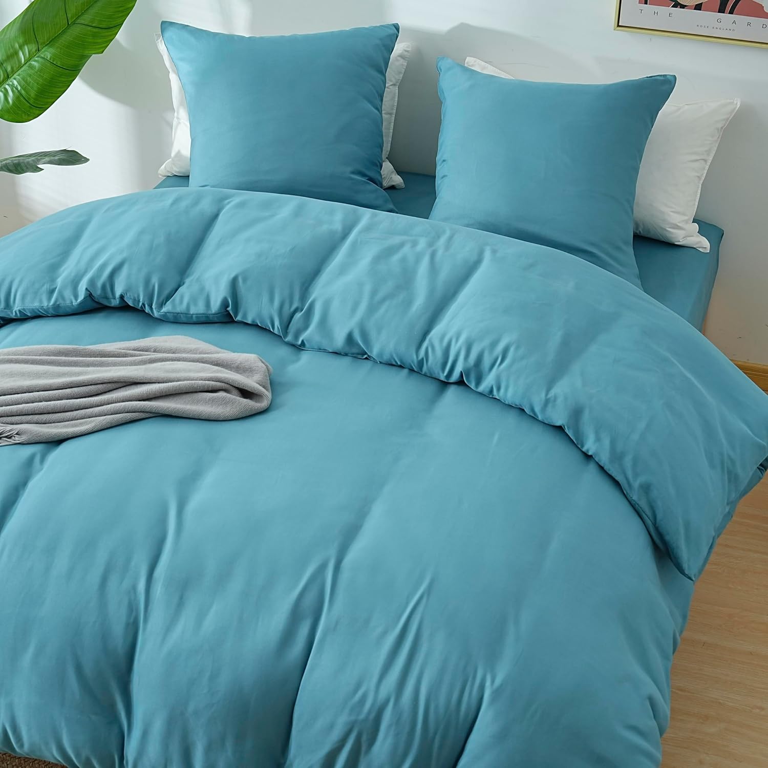 AYSW Parure de Lit 4 Pièces Housse de Couette 200x200cm + Drap Housse 160x200cm Bonnet 30cm + 2 Taies d'oreiller 65x65cm 2 Personnes Ensemble Housse de Couette Bleu Lac Léger 80 Fils/cm² Microfibre 4