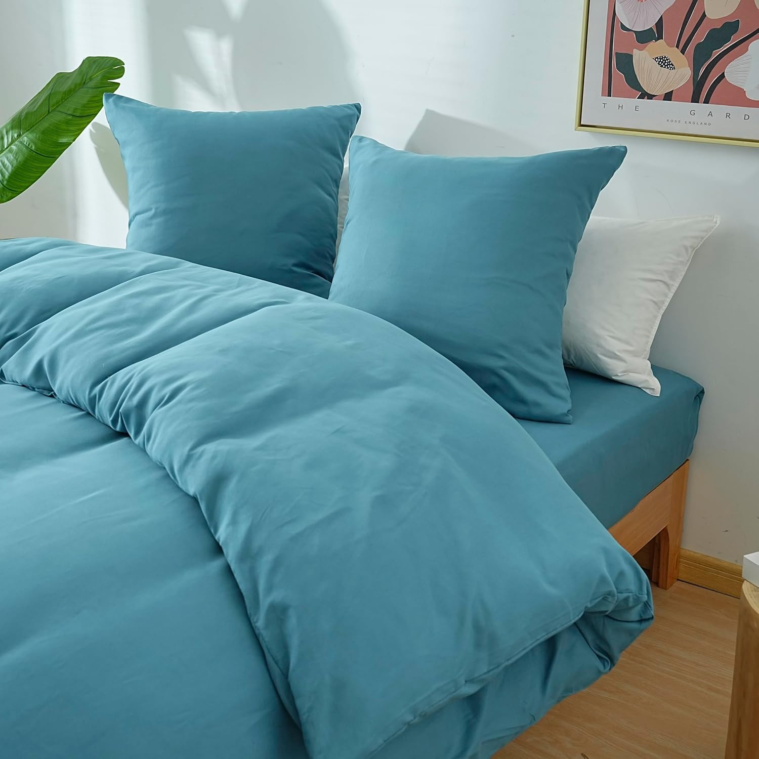 AYSW Parure de Lit 4 Pièces Housse de Couette 200x200cm + Drap Housse 160x200cm Bonnet 30cm + 2 Taies d'oreiller 65x65cm 2 Personnes Ensemble Housse de Couette Bleu Lac Léger 80 Fils/cm² Microfibre 5