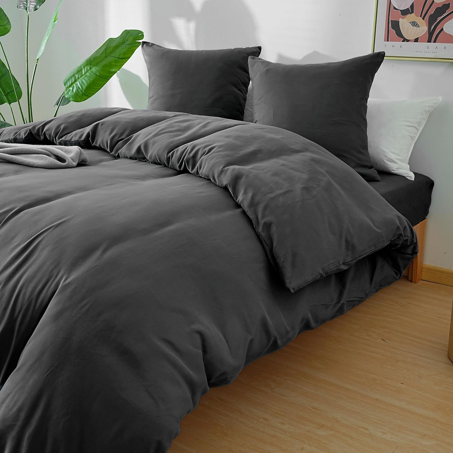 AYSW 4-Piece Bedding Set Duvet Cover 220x240cm + Fitted Sheet 180x200cm 30cm Pocket + 2 Pillowcases 65x65cm 2 Person Duvet Cover Set Light Grey 80 Threads/cm² Microfiber 3