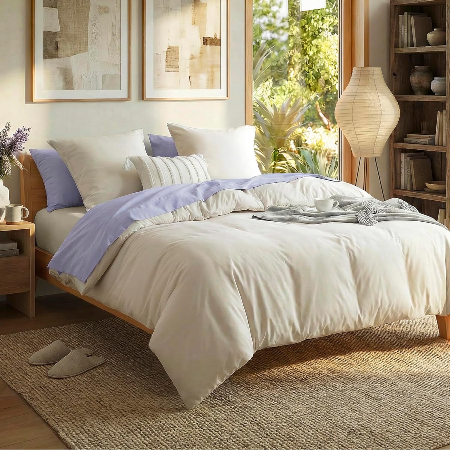 AYSW 4-Piece Bedding Set Duvet Cover 220x240cm + Fitted Sheet 140x190/200cm with 2 pillowcases 65x65cm Beige for 2 Persons 100 Thread Count/cm² in Microfiber 8