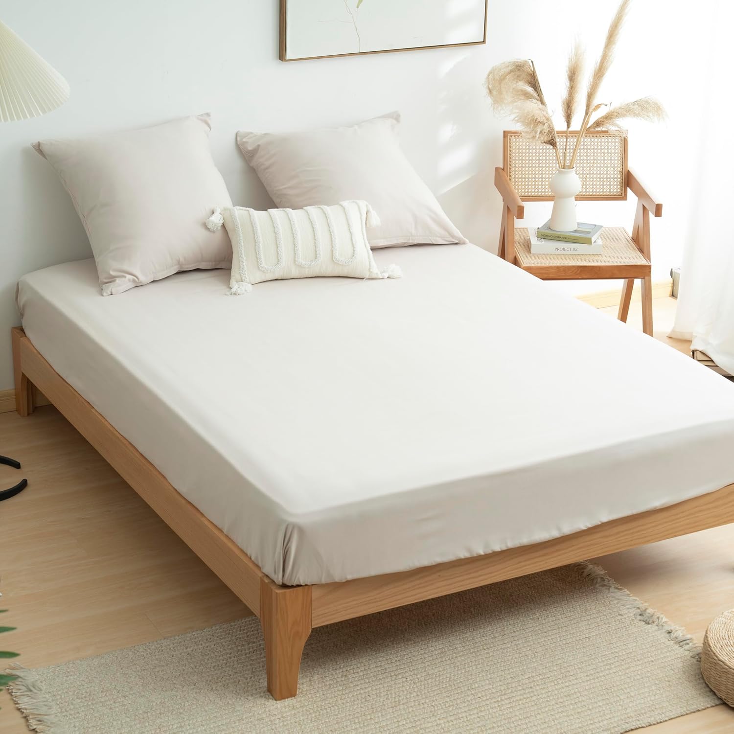 AYSW 4-Piece Bedding Set Duvet Cover 220x240cm + Fitted Sheet 140x190/200cm with 2 pillowcases 65x65cm Beige for 2 Persons 100 Thread Count/cm² in Microfiber 6