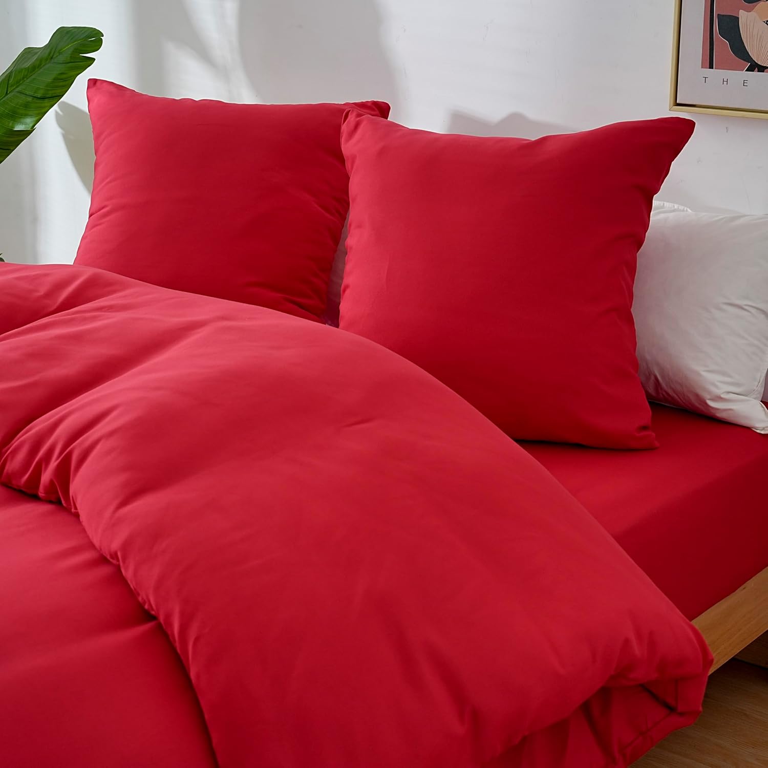 AYSW 4-Piece Bedding Set Duvet Cover 200x200cm + Fitted Sheet 140x190cm 30cm Pocket + 2 Pillowcases 65x65cm 2 Person Duvet Cover Set Light Red 80 Threads/cm² Microfiber 5