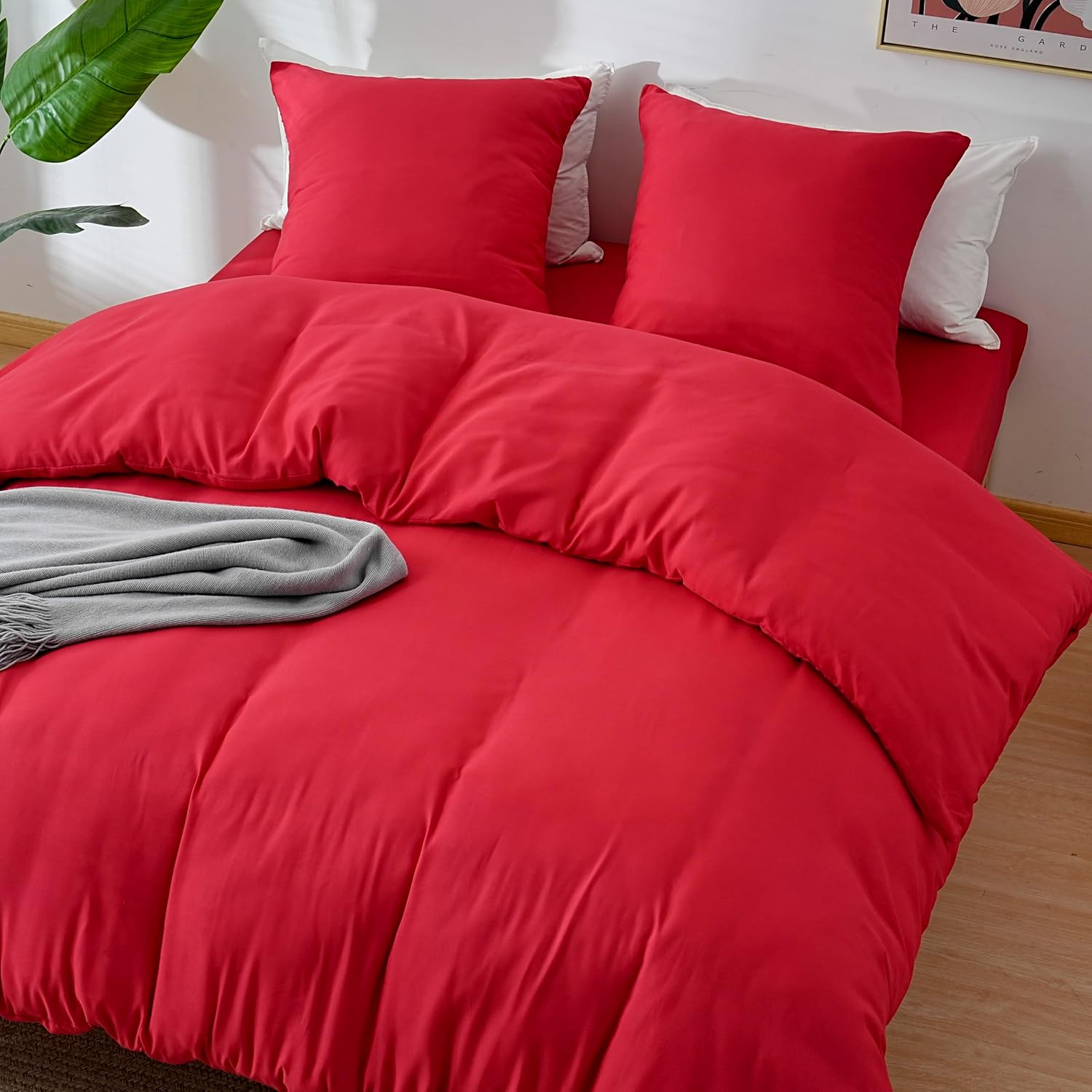 AYSW 4-Piece Bedding Set Duvet Cover 200x200cm + Fitted Sheet 140x190cm 30cm Pocket + 2 Pillowcases 65x65cm 2 Person Duvet Cover Set Light Red 80 Threads/cm² Microfiber 4