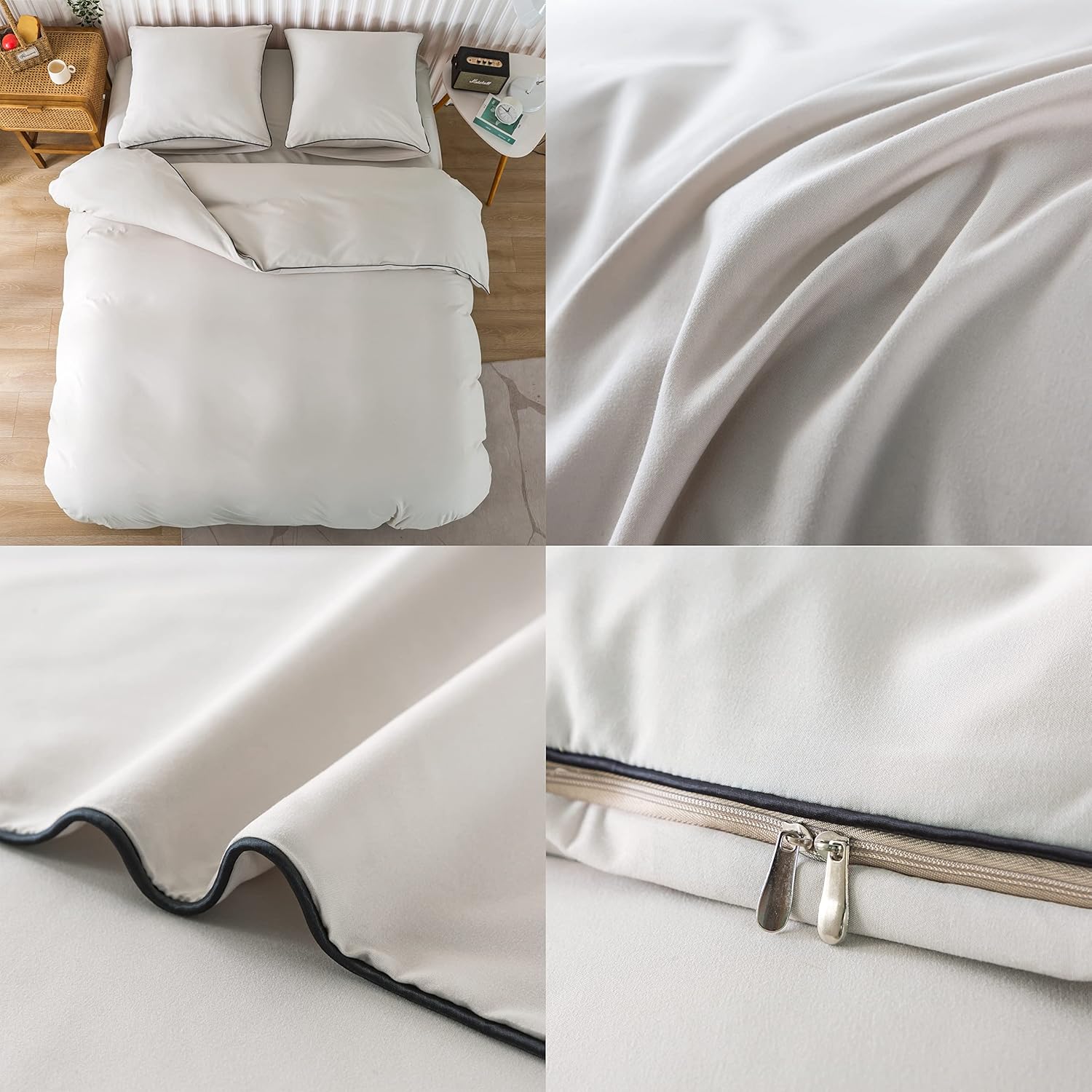 AYSW 4-Piece Bedding Set Duvet Cover 220x240cm + Fitted Sheet 160x200cm with 2 pillowcases 65x65cm Beige for 2 Persons Set 120 Threads/cm² in Microfiber 6