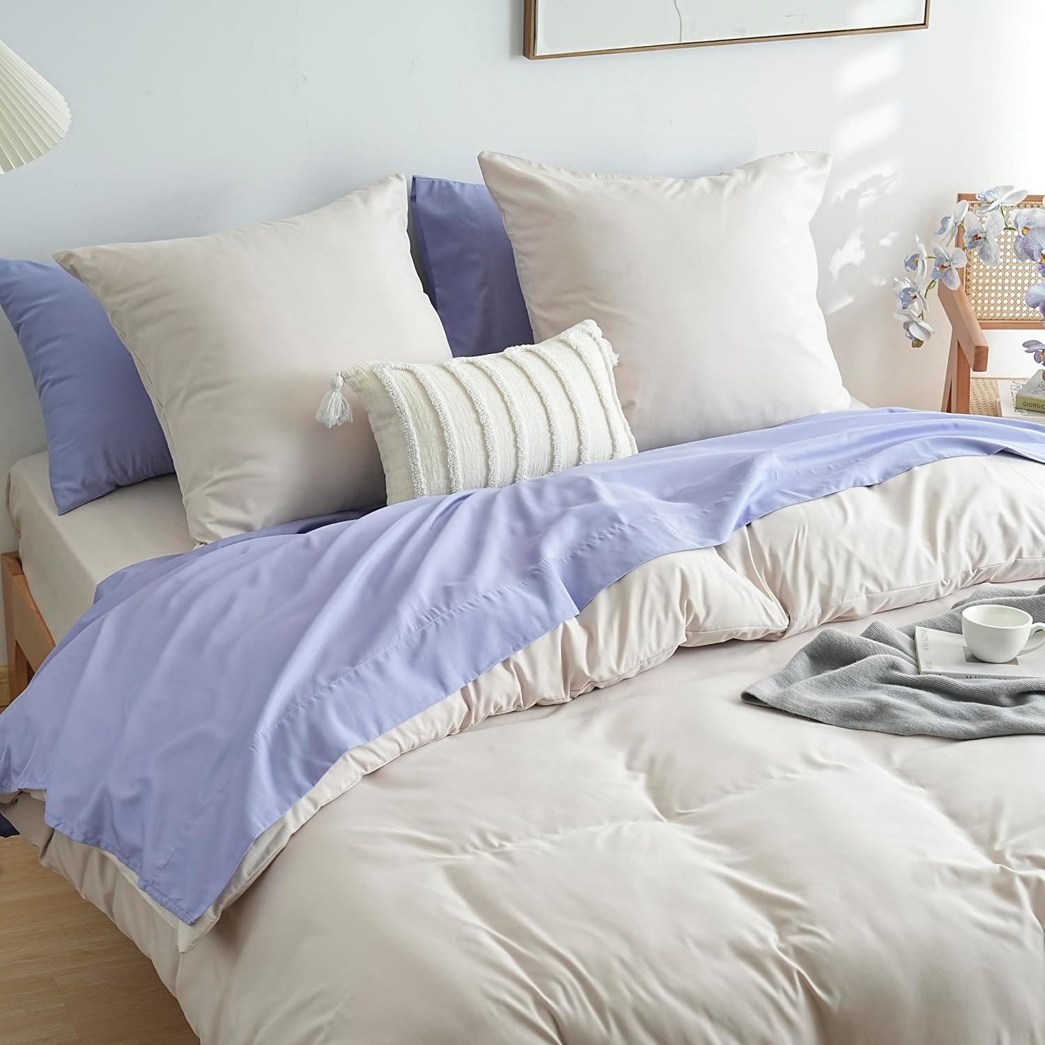 AYSW 4-Piece Bedding Set Duvet Cover 240x260cm + Fitted Sheet 180x200cm with 2 pillowcases 65x65cm Beige for 2 Persons 100 Thread Count/cm² in Microfiber 7