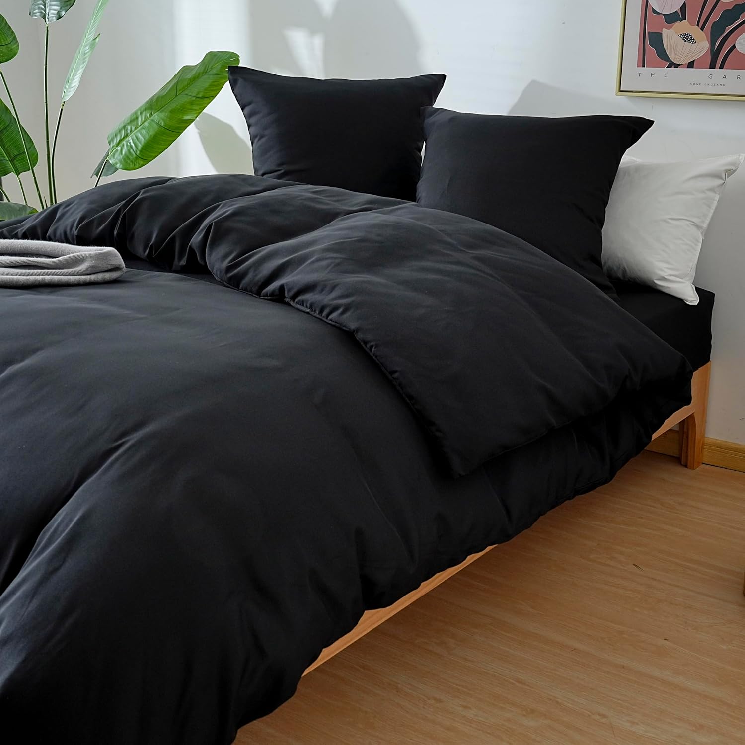 AYSW 4-Piece Bedding Set Duvet Cover 240x260cm + Fitted Sheet 180x200cm 30cm Pocket + 2 Pillowcases 65x65cm 2 Person Duvet Cover Set Light Black 80 Threads/cm² Microfiber 3