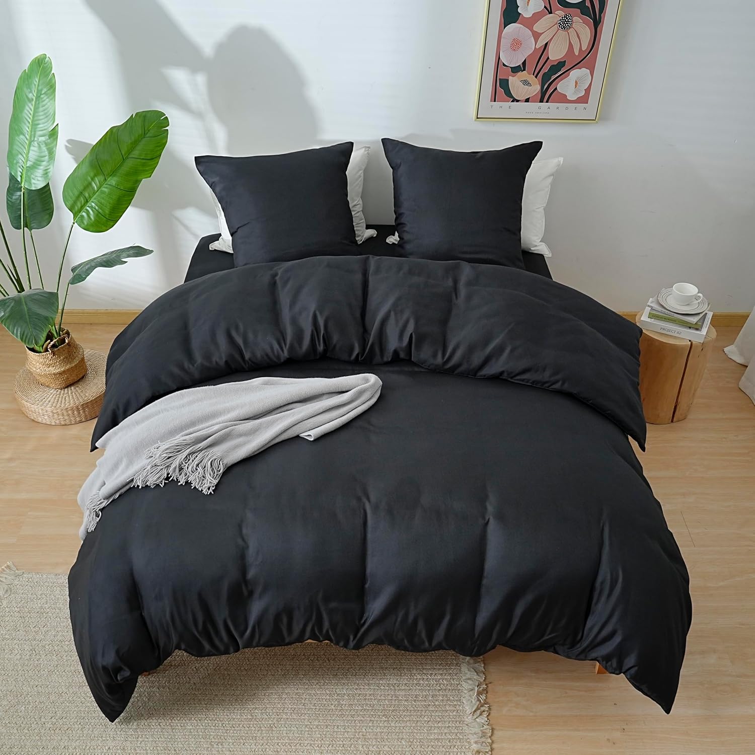AYSW 4-Piece Bedding Set Duvet Cover 240x260cm + Fitted Sheet 180x200cm 30cm Pocket + 2 Pillowcases 65x65cm 2 Person Duvet Cover Set Light Black 80 Threads/cm² Microfiber 8