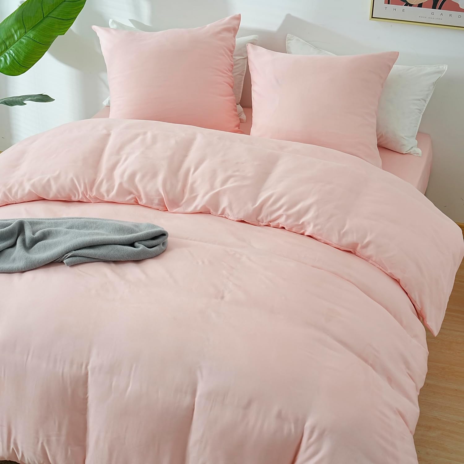 AYSW 4-Piece Bedding Set Duvet Cover 240x260cm + Fitted Sheet 180x200cm 30cm Pocket + 2 Pillowcases 65x65cm 2 Person Duvet Cover Set Light Pink 80 Threads/cm² Microfiber 4