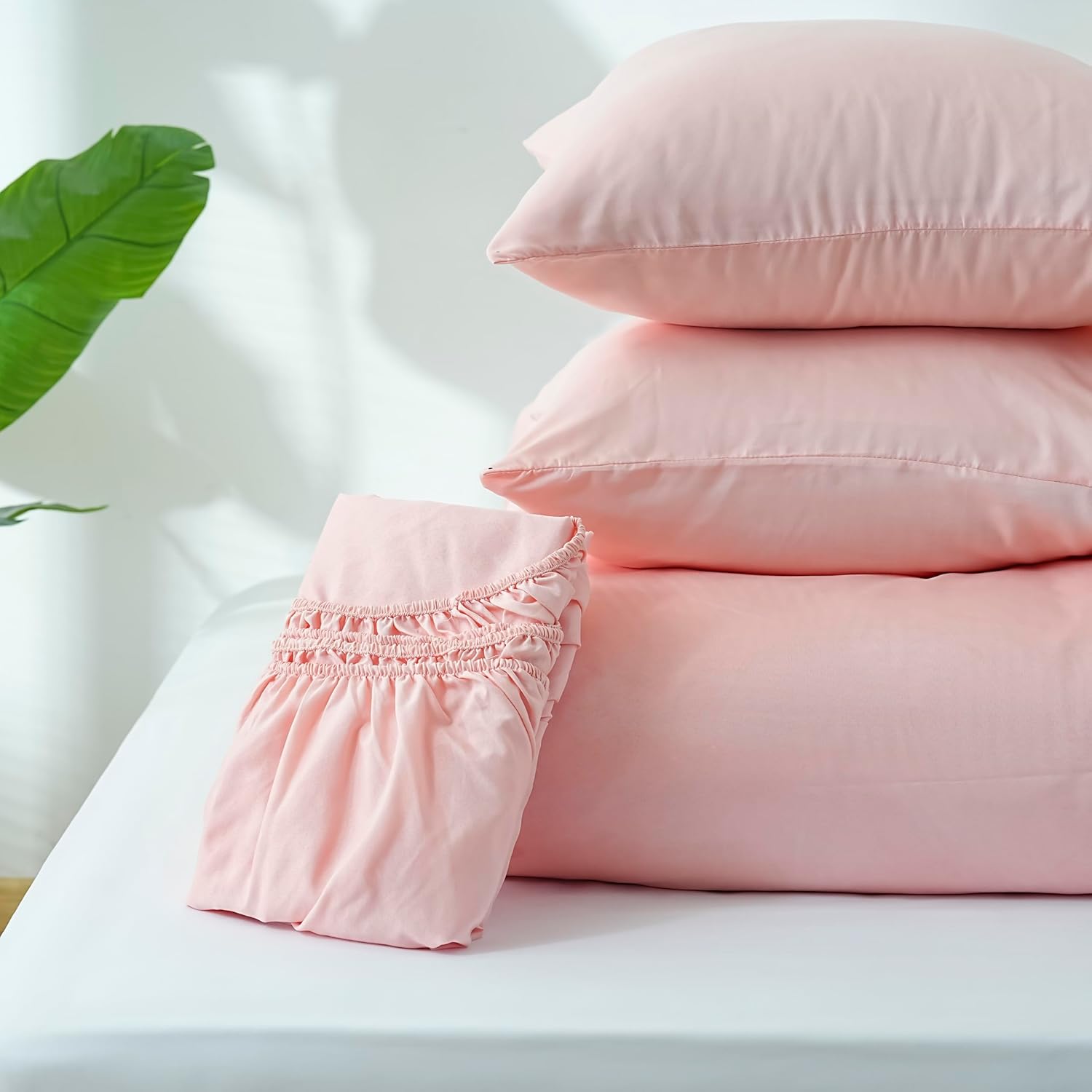 AYSW 4-Piece Bedding Set Duvet Cover 240x260cm + Fitted Sheet 180x200cm 30cm Pocket + 2 Pillowcases 65x65cm 2 Person Duvet Cover Set Light Pink 80 Threads/cm² Microfiber 9