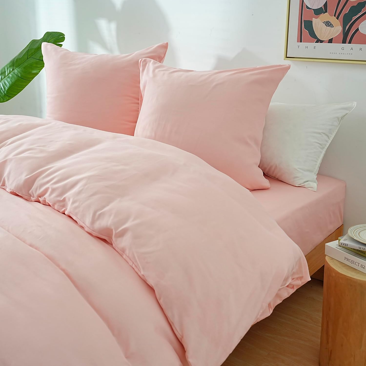 AYSW 4-Piece Bedding Set Duvet Cover 240x260cm + Fitted Sheet 180x200cm 30cm Pocket + 2 Pillowcases 65x65cm 2 Person Duvet Cover Set Light Pink 80 Threads/cm² Microfiber 5