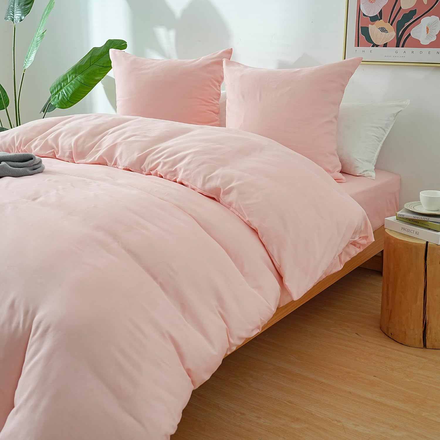 AYSW 4-Piece Bedding Set Duvet Cover 240x260cm + Fitted Sheet 180x200cm 30cm Pocket + 2 Pillowcases 65x65cm 2 Person Duvet Cover Set Light Pink 80 Threads/cm² Microfiber 3
