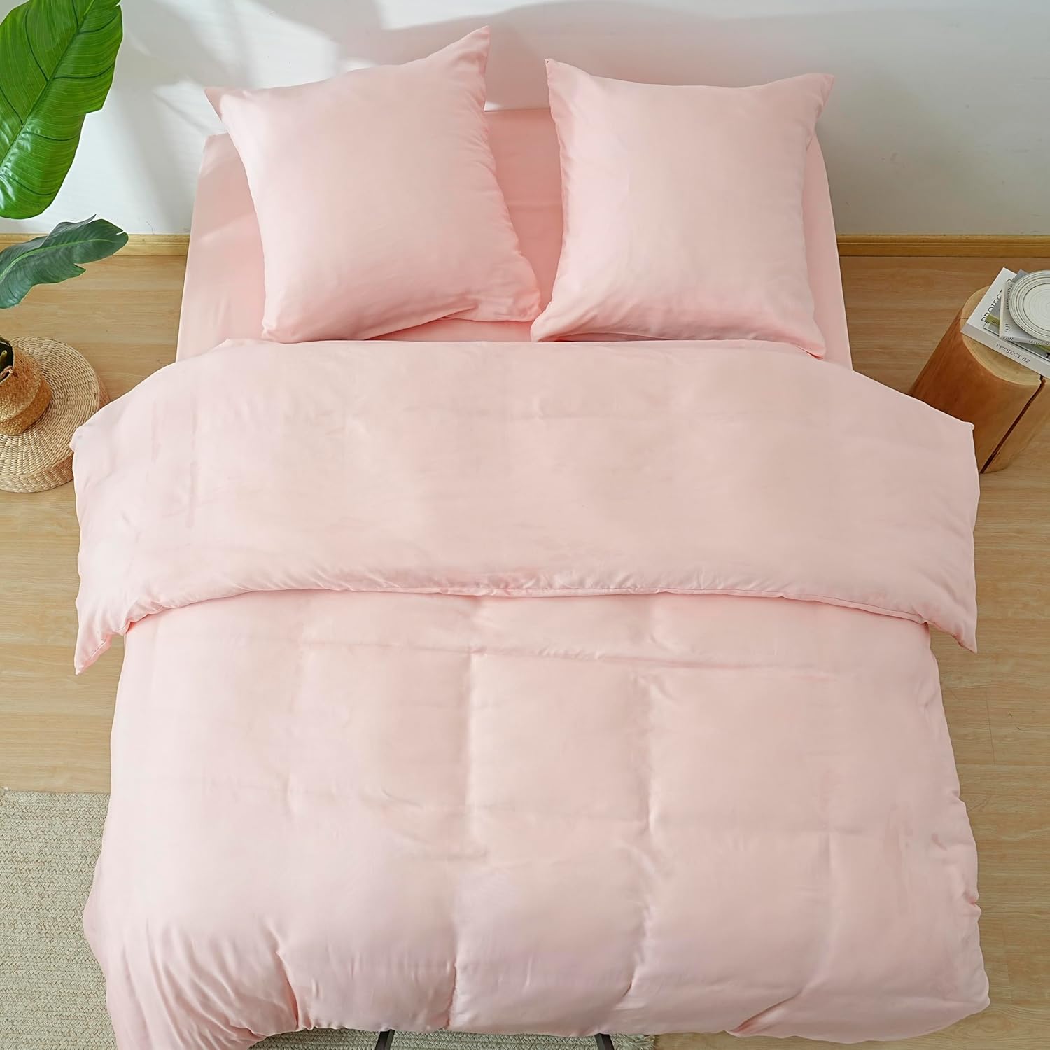 AYSW 4-Piece Bedding Set Duvet Cover 240x260cm + Fitted Sheet 180x200cm 30cm Pocket + 2 Pillowcases 65x65cm 2 Person Duvet Cover Set Light Pink 80 Threads/cm² Microfiber 8
