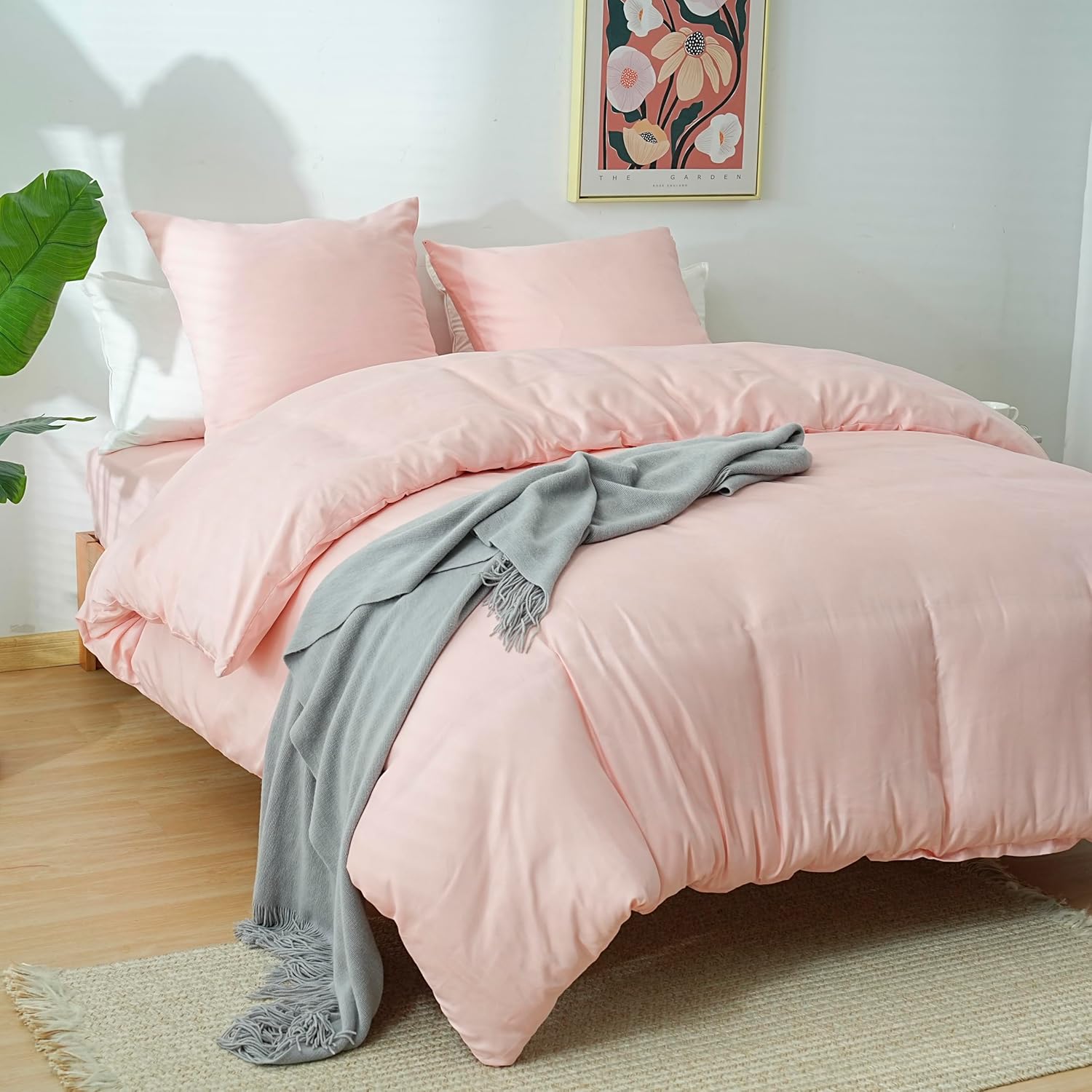 AYSW 4-Piece Bedding Set Duvet Cover 240x260cm + Fitted Sheet 180x200cm 30cm Pocket + 2 Pillowcases 65x65cm 2 Person Duvet Cover Set Light Pink 80 Threads/cm² Microfiber 2