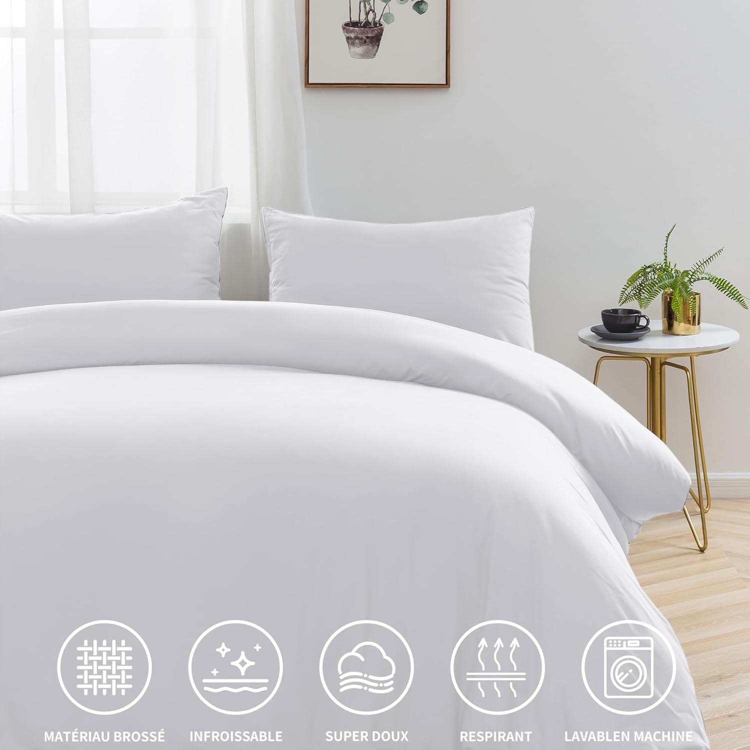 16 Colors Sets of Duvet Covers 200x200 cm Double Zipper 3 Pieces Brushed Microfiber 100 Thread/cm² + 2 Pillowcases 65x65 cm White Adult Bedding Set 2 Person 3