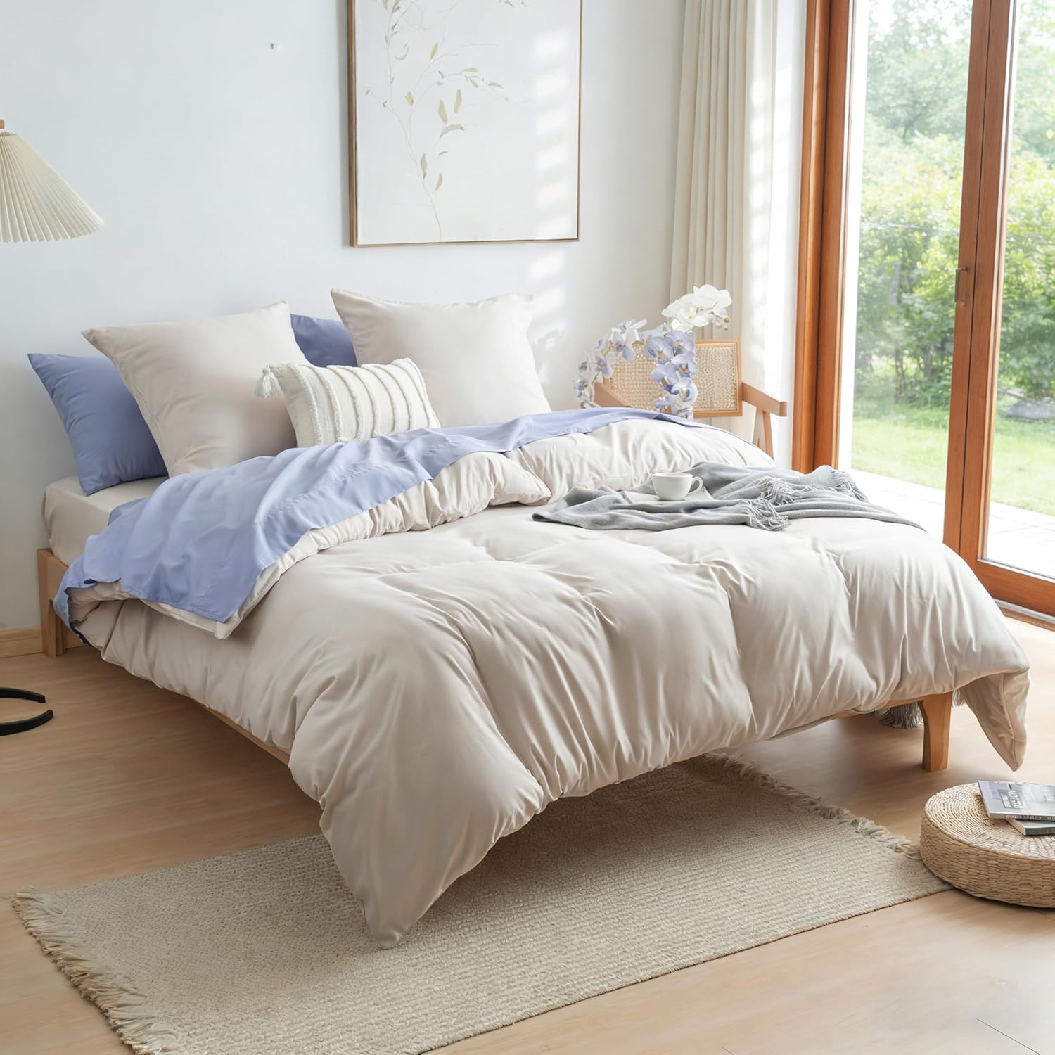 AYSW 4-Piece Bedding Set Duvet Cover 220x240cm + Fitted Sheet 140x190/200cm with 2 pillowcases 65x65cm Beige for 2 Persons 100 Thread Count/cm² in Microfiber 2