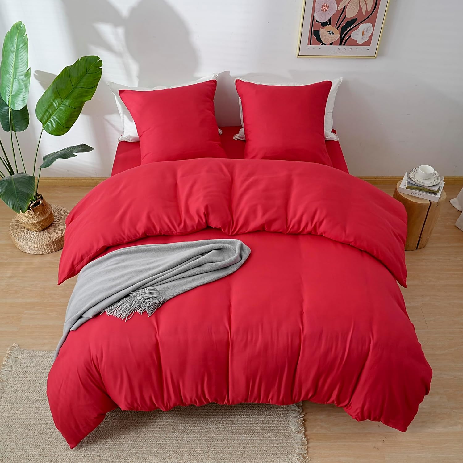 AYSW 4-Piece Bedding Set Duvet Cover 220x240cm + Fitted Sheet 140x190cm 30cm Pocket + 2 Pillowcases 65x65cm 2 Person Duvet Cover Set Light Red 80 Threads/cm² Microfiber 8