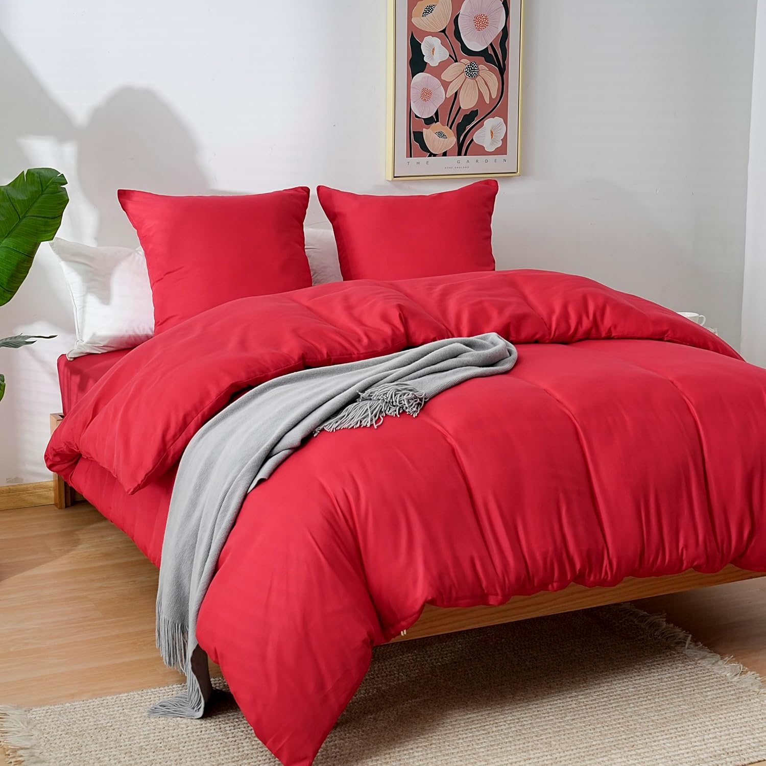 AYSW 4-Piece Bedding Set Duvet Cover 220x240cm + Fitted Sheet 140x190cm 30cm Pocket + 2 Pillowcases 65x65cm 2 Person Duvet Cover Set Light Red 80 Threads/cm² Microfiber 2